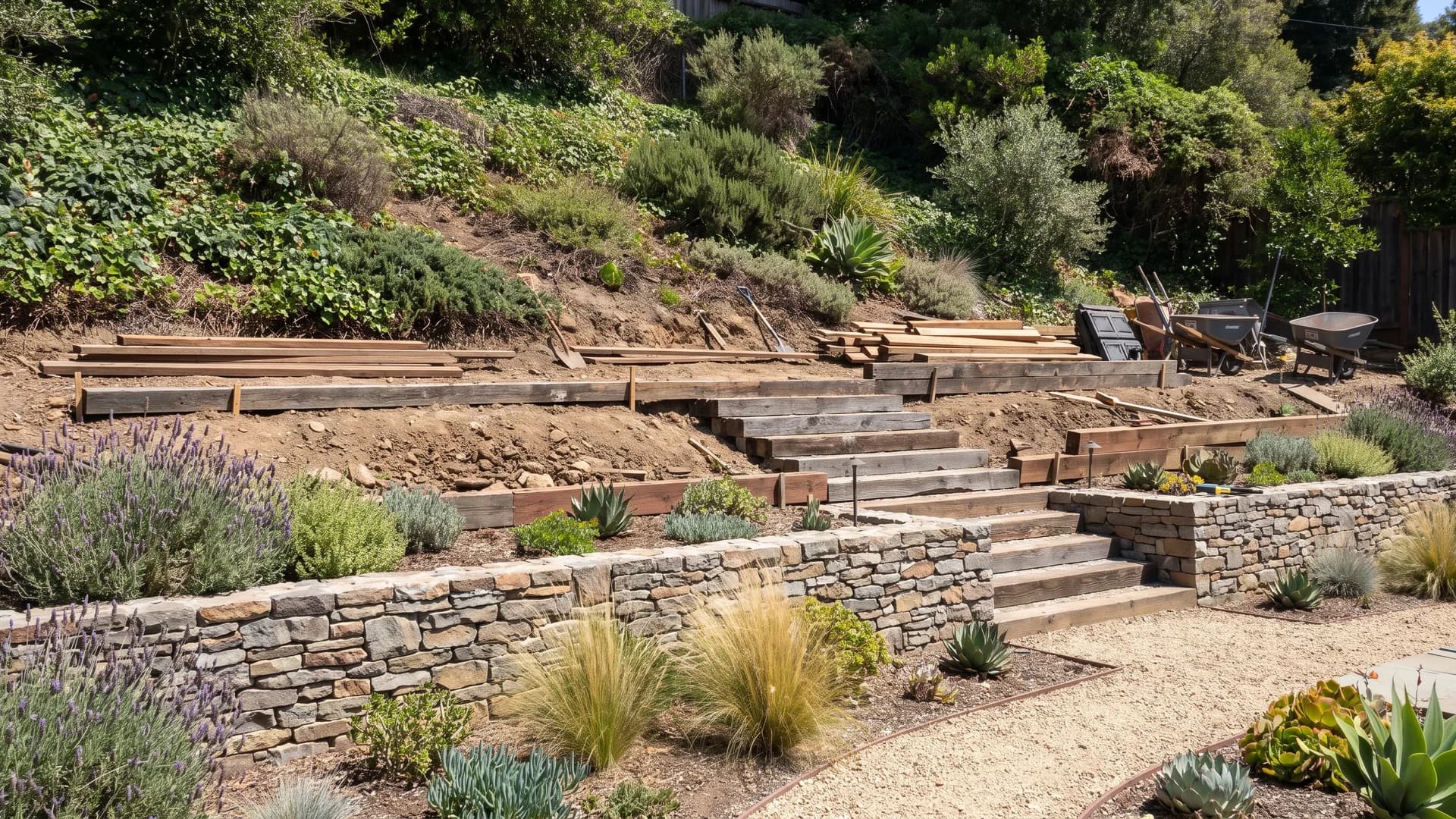 Terraced backyard slope showing phased construction of walls, patio, and planting