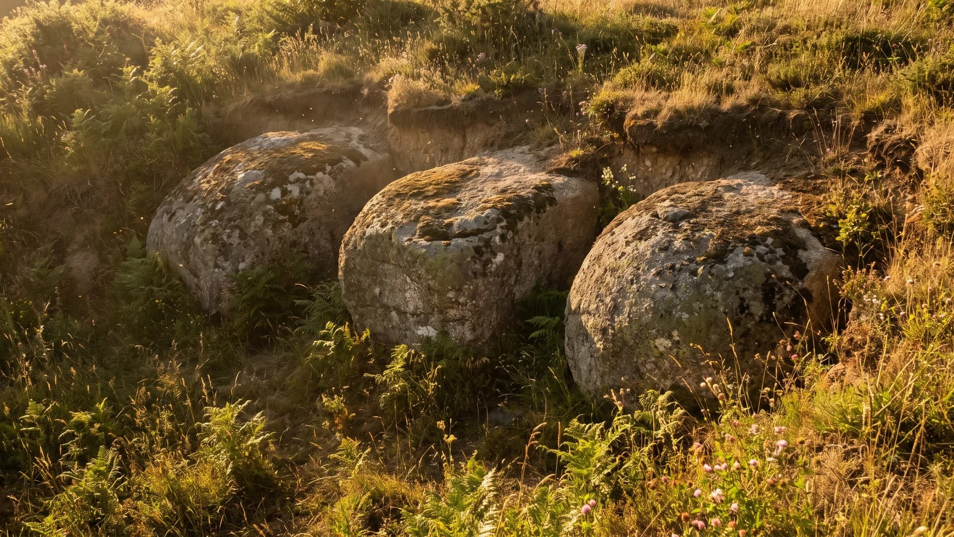 Large boulders set into a hillside as anchors with plants around them