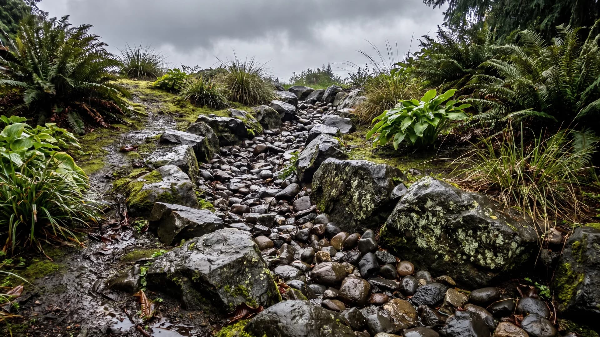 Gravel and river rock dry riverbed running down the fall line of a slope