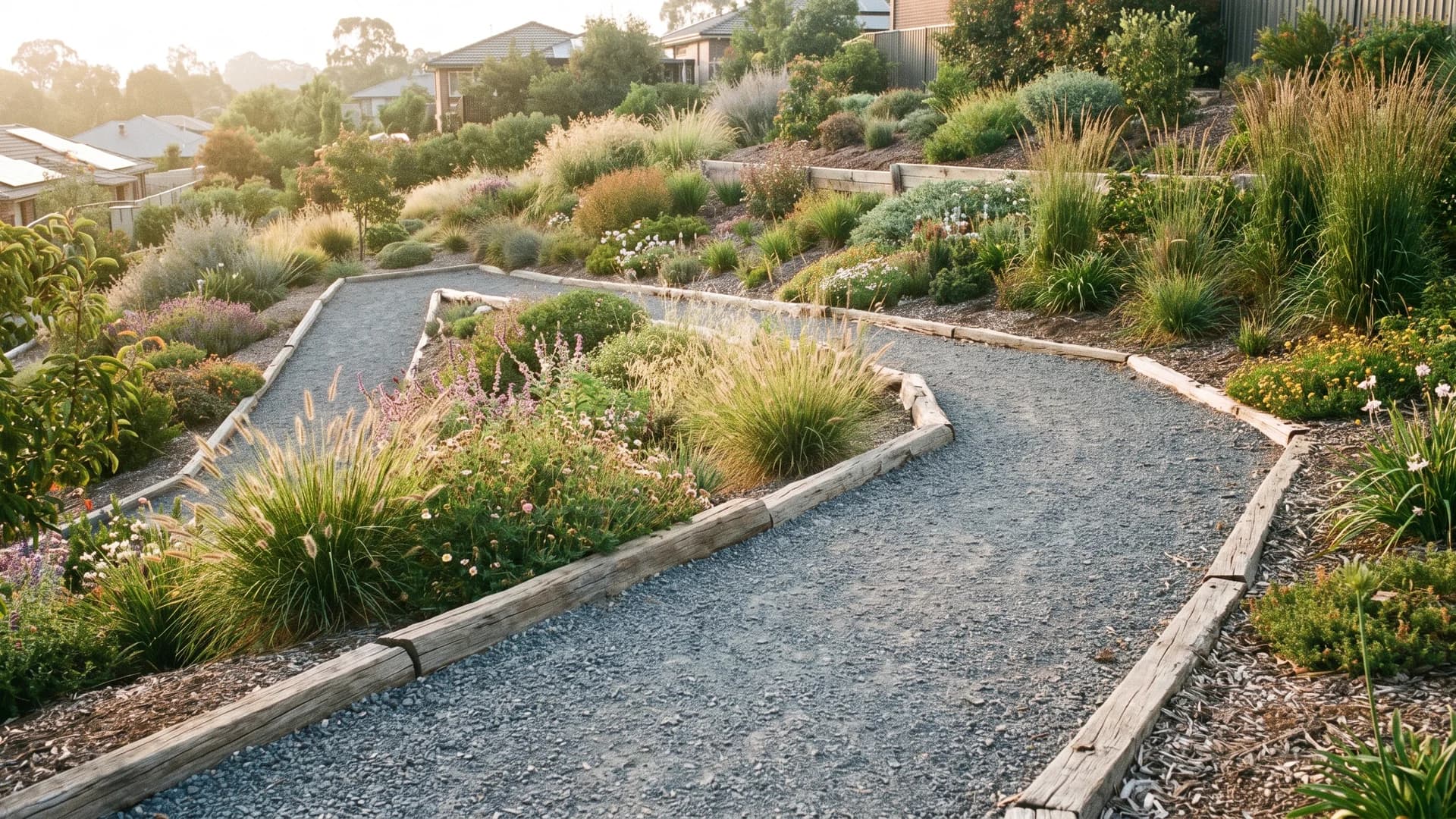 Gravel switchback path zigzagging up a planted hillside