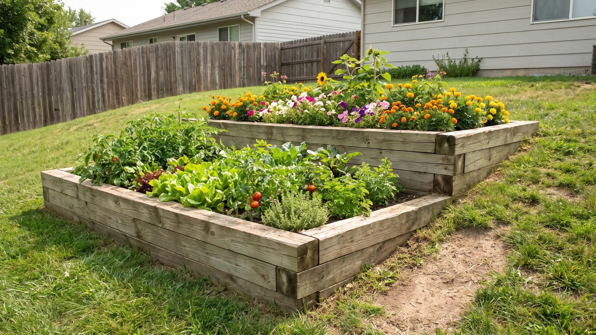 Timber terrace beds stepping up a backyard slope