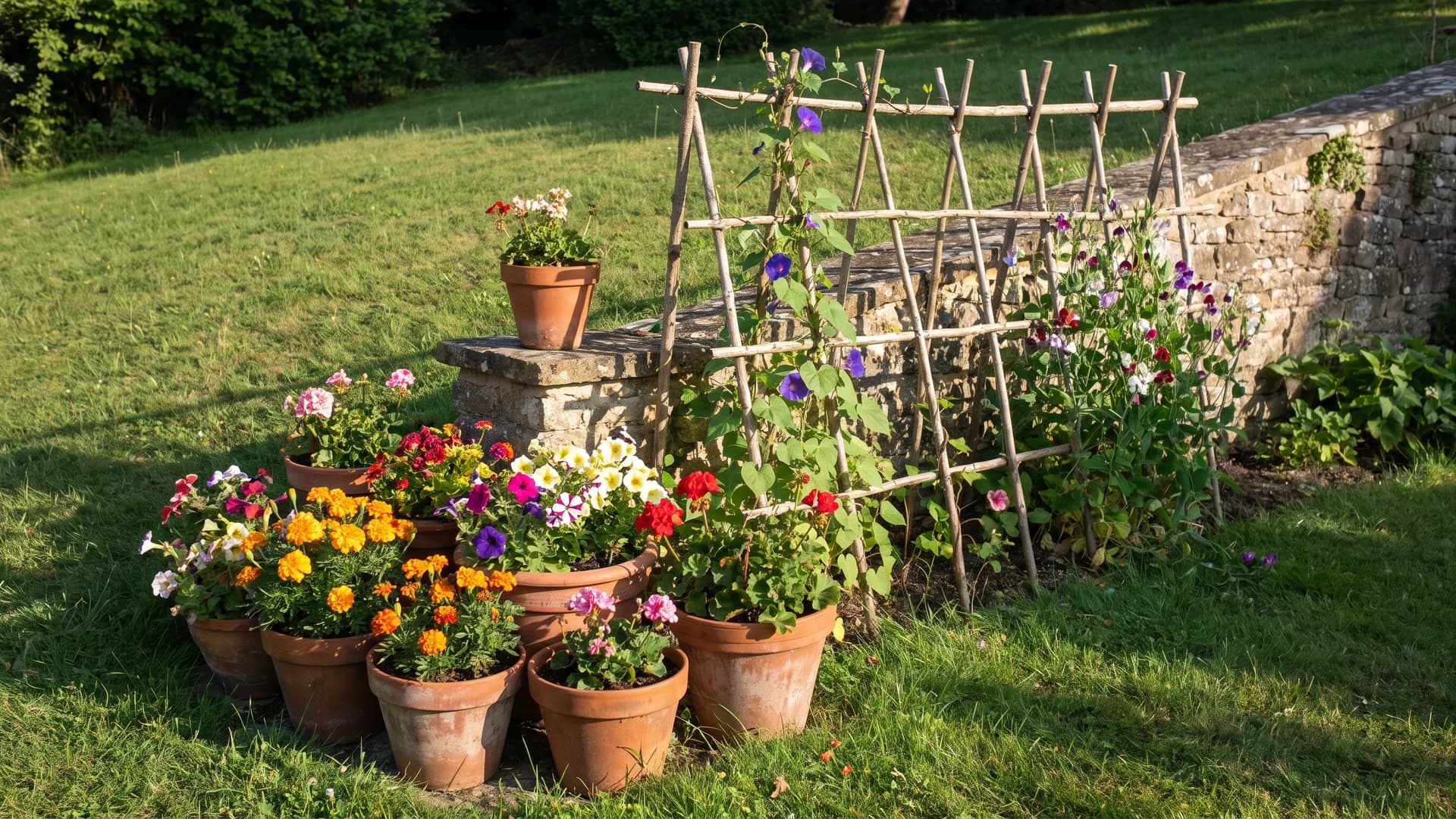 Terra cotta containers at a slope base with vines climbing a simple trellis