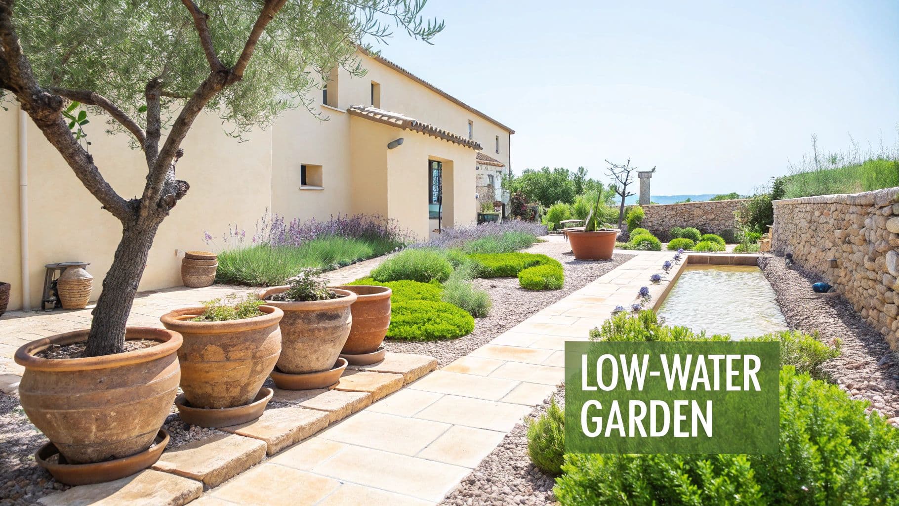 A beautiful low-water garden with a pale yellow house, olive trees, and a tranquil water feature.