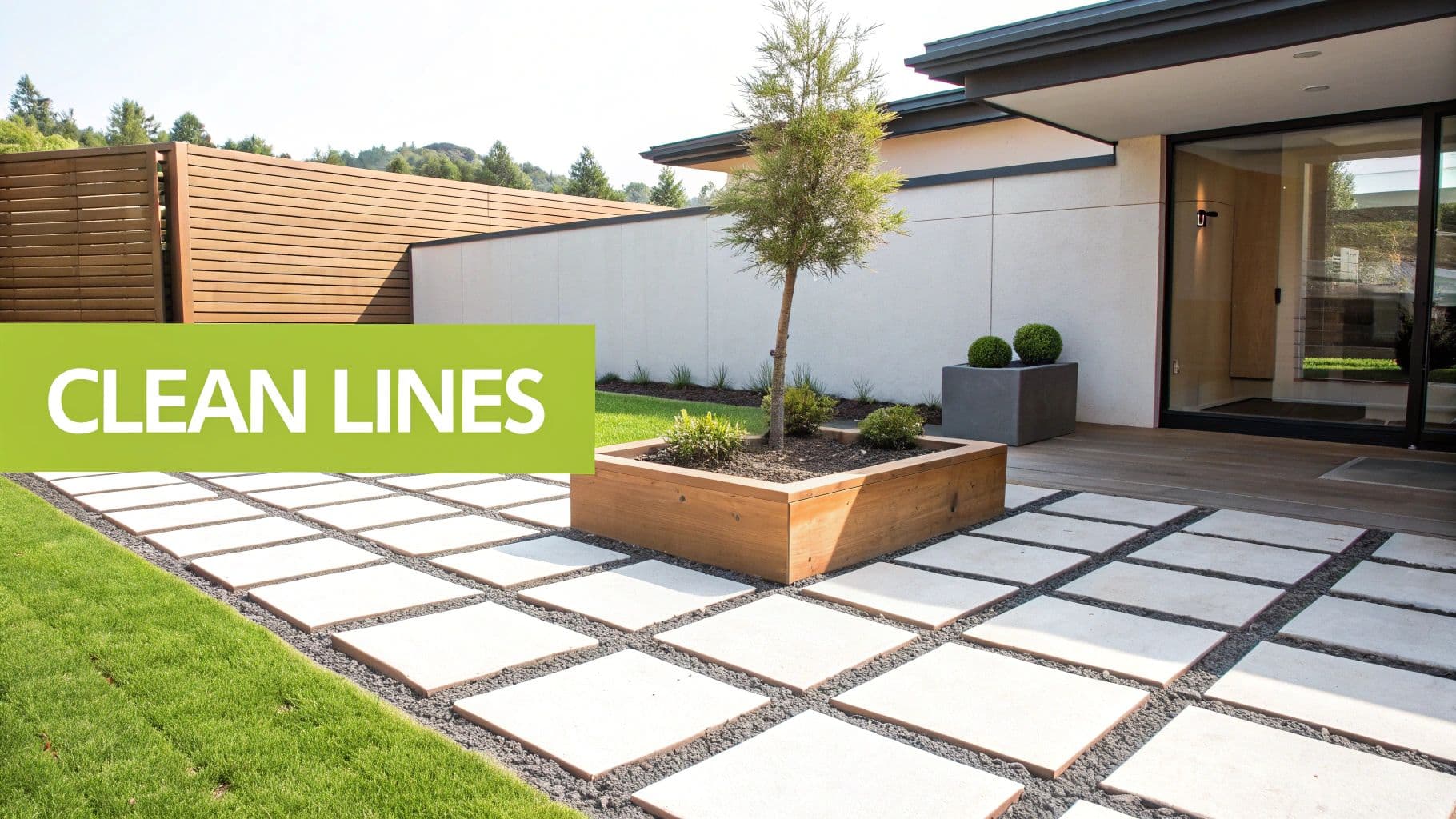 Modern home exterior with a meticulously designed landscape featuring a patio, tree, and green grass.
