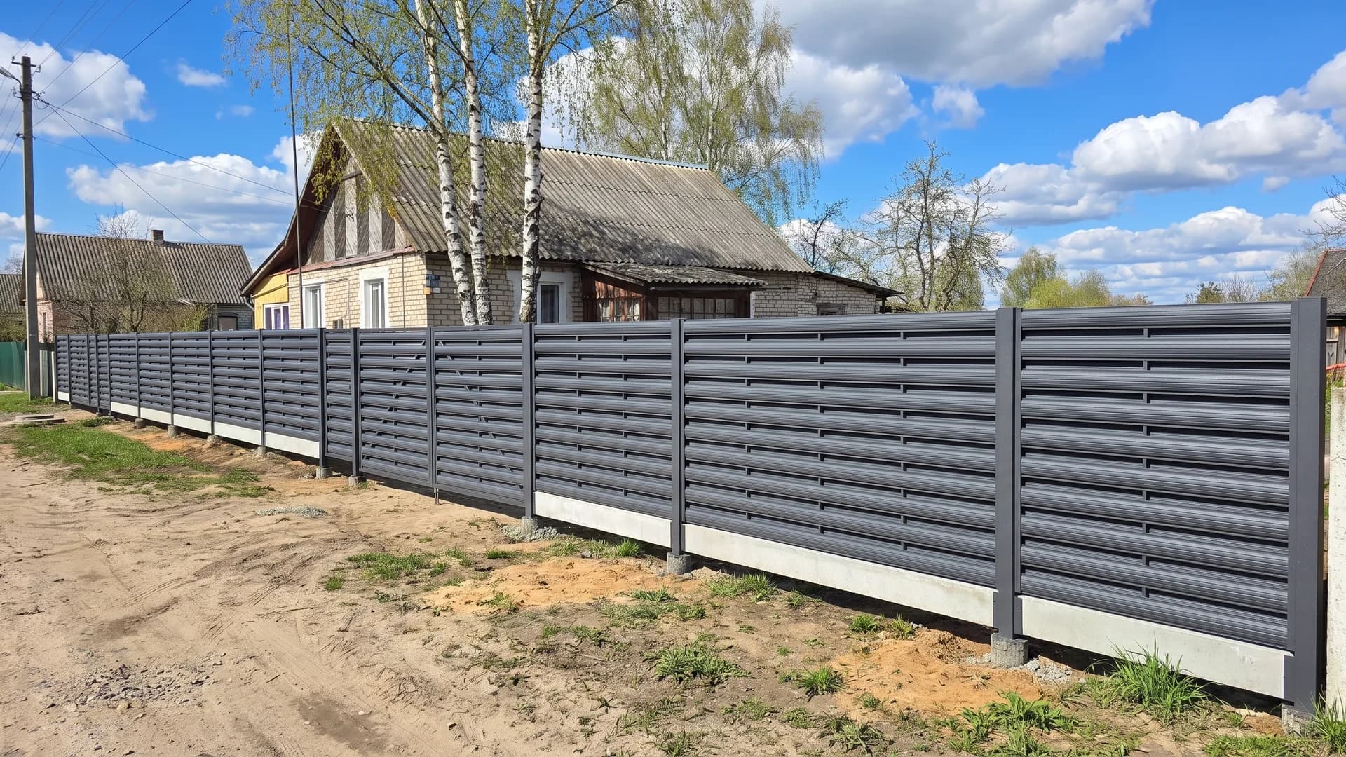 Grey steel angled louver fence panels on a concrete plinth with matching swing gates