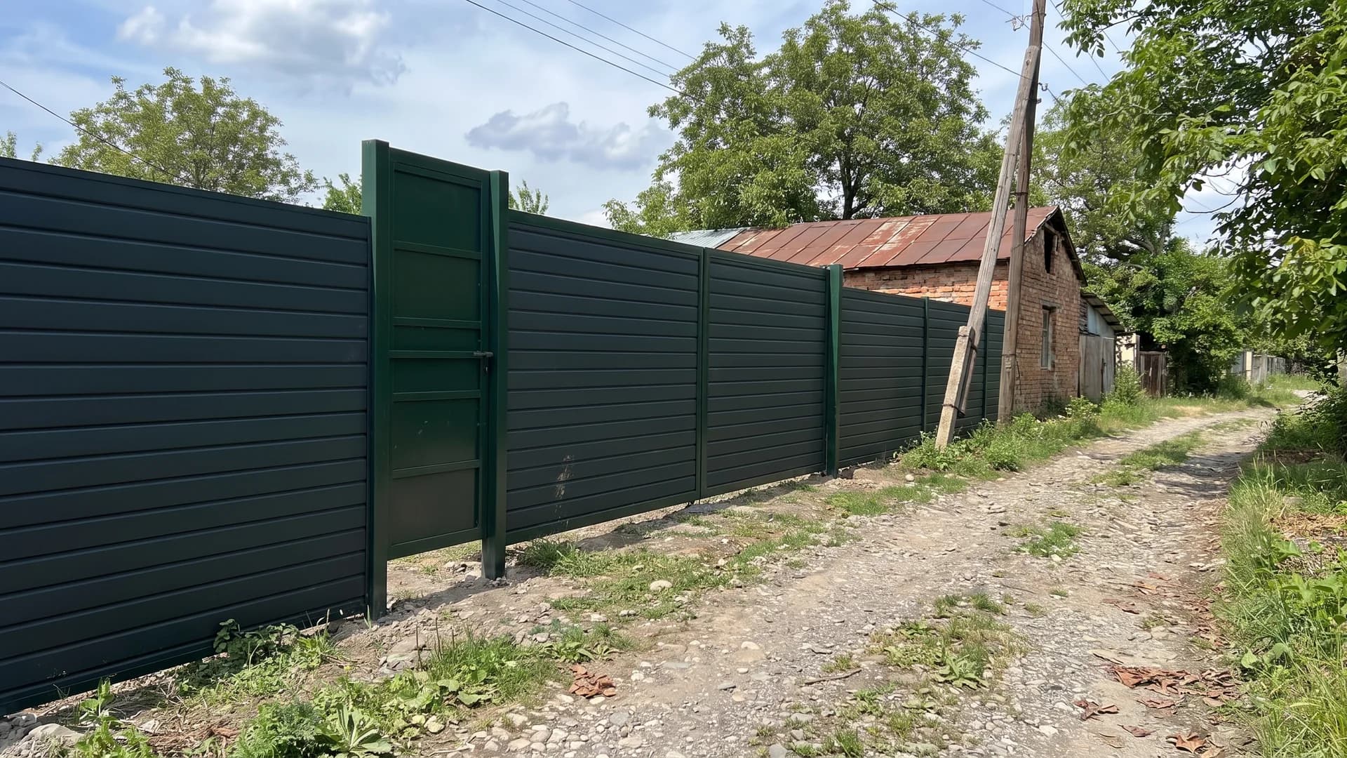 Dark green ribbed steel panels running horizontally with a matching swing gate along a gravel track