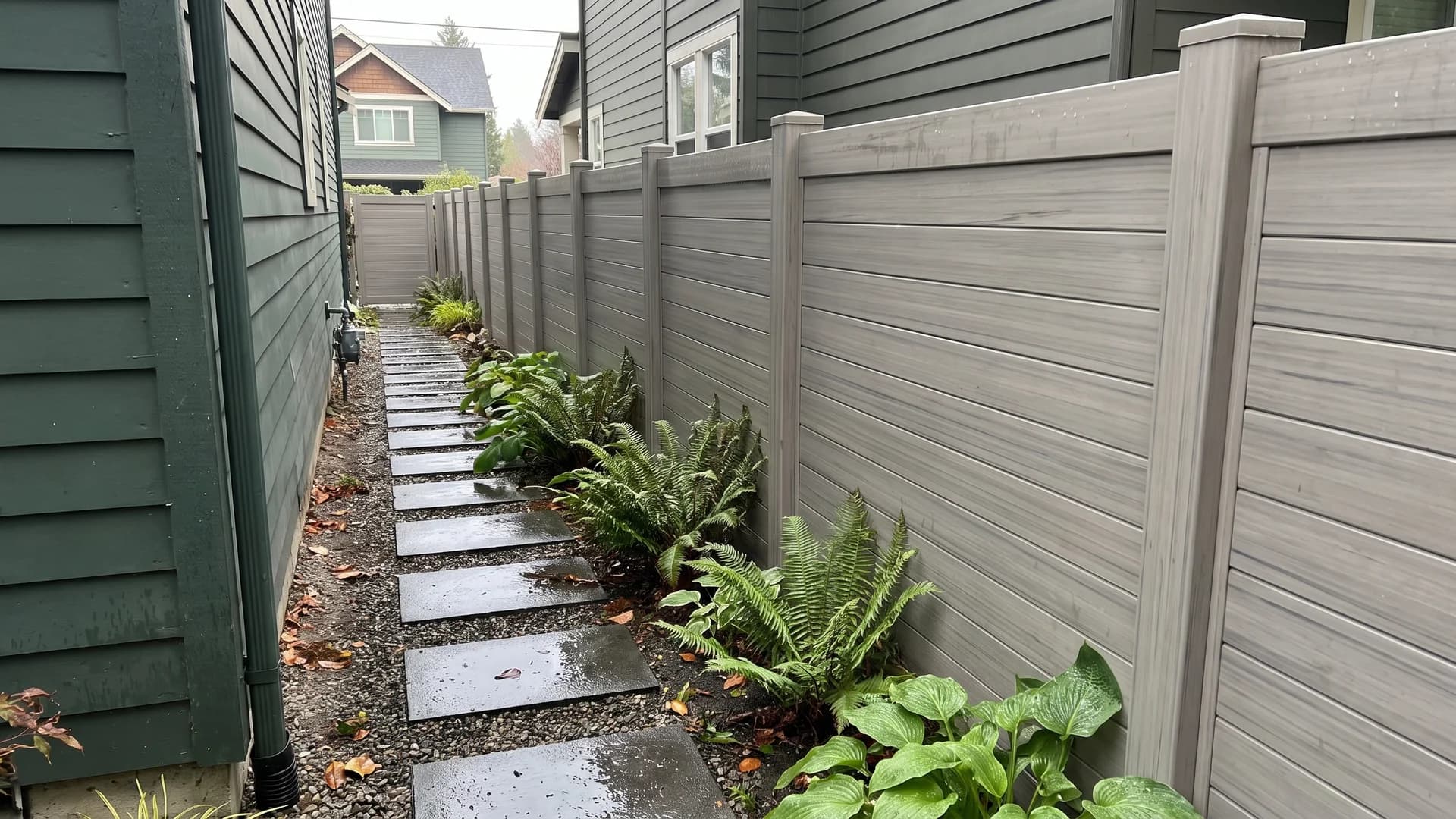 Driftwood-grey composite fence lining a narrow, fern-planted side yard