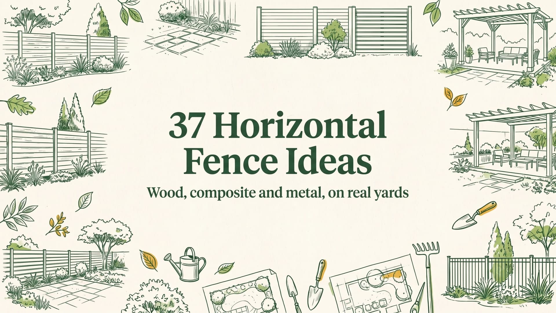 Horizontal fence ideas illustrated on an editorial cover for wood, composite and metal fence designs