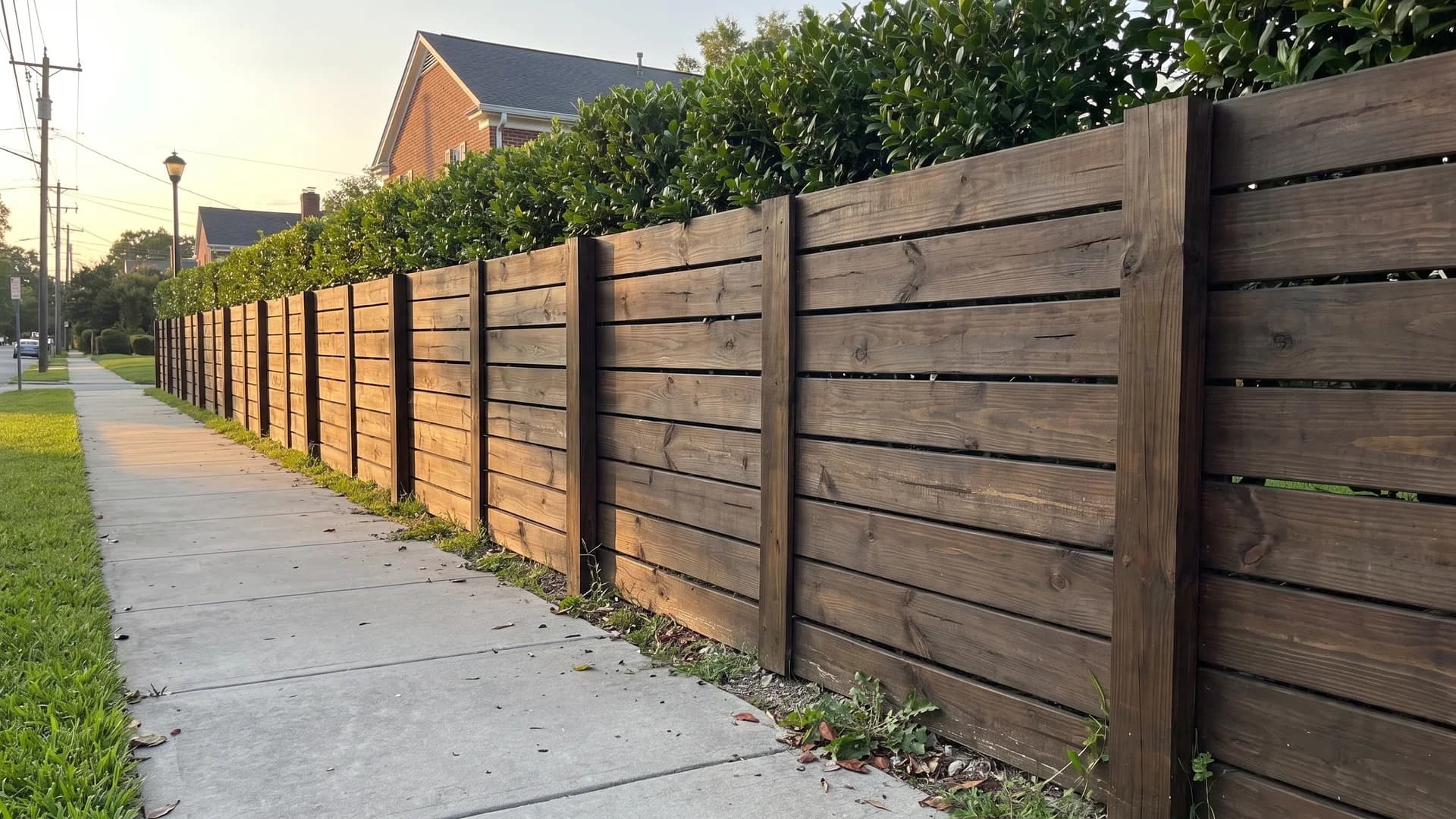 Low walnut-stained boards topped by a clipped evergreen hedge along a sidewalk