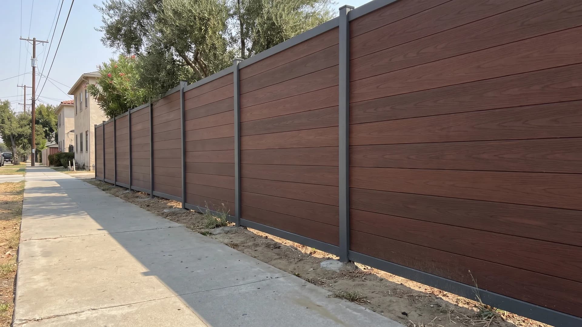 Mahogany-toned composite fence boards with grey posts running along a sidewalk