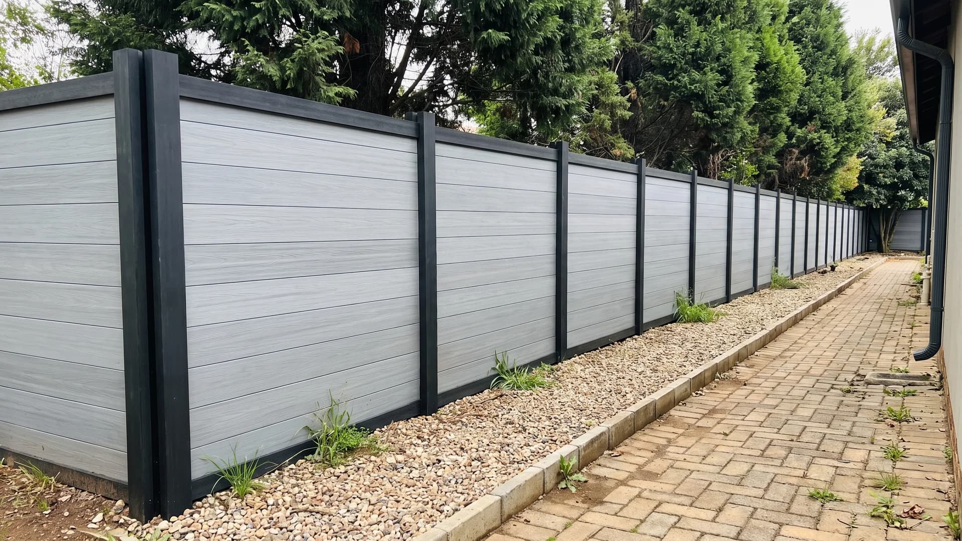 Pale grey composite fence panels with black posts standing proud above the top board