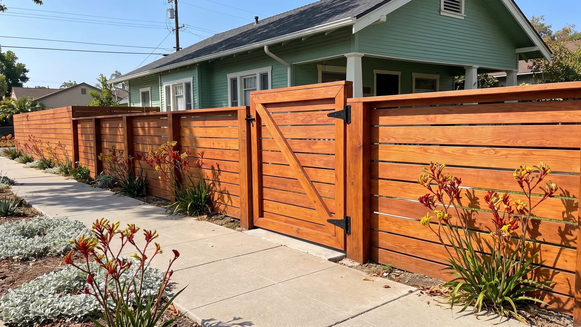 Warm redwood-stained horizontal board fence and matching braced gate at a bungalow