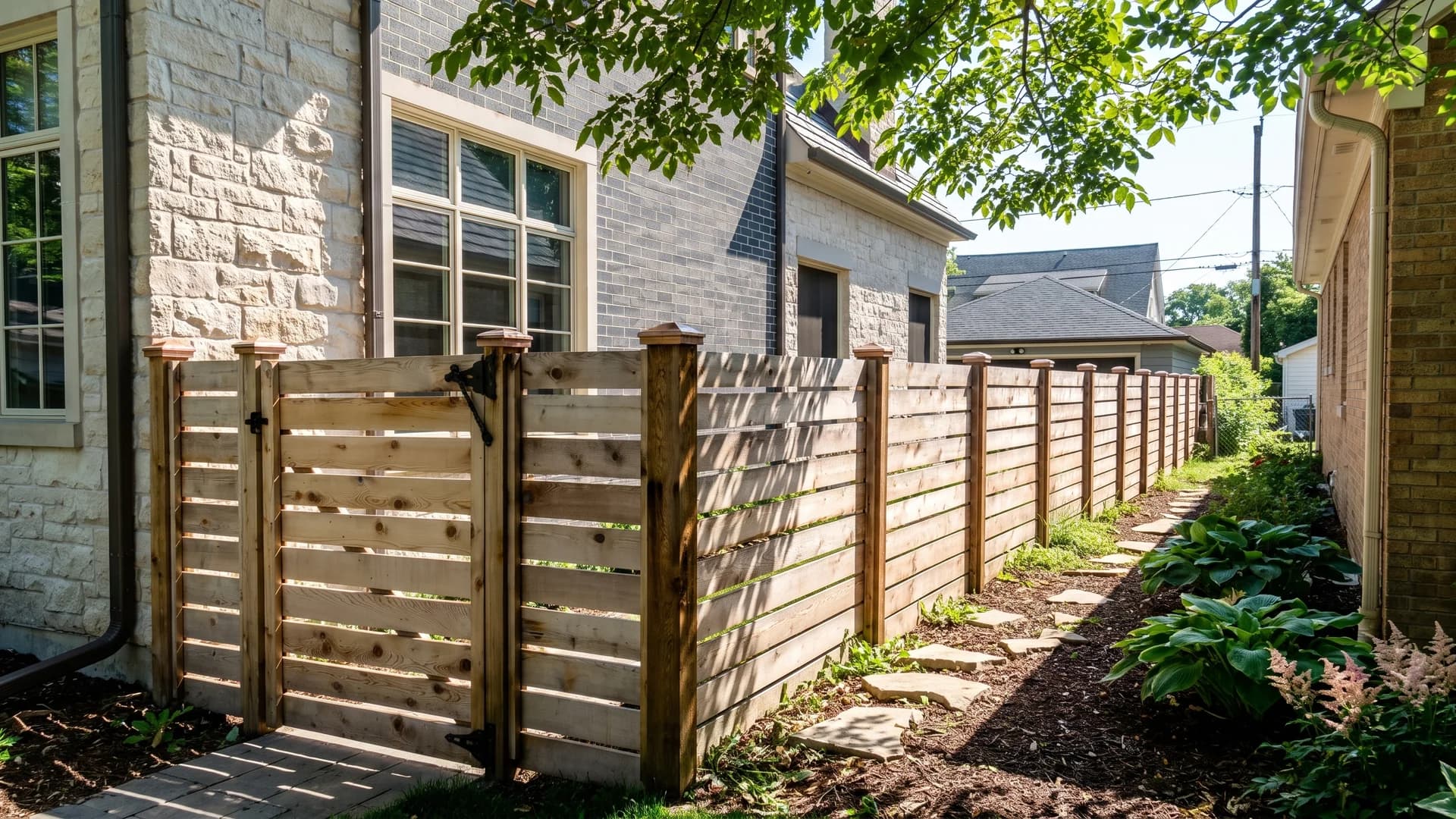 Rough-sawn cedar fence and gate with copper pyramid post caps beside a limestone house