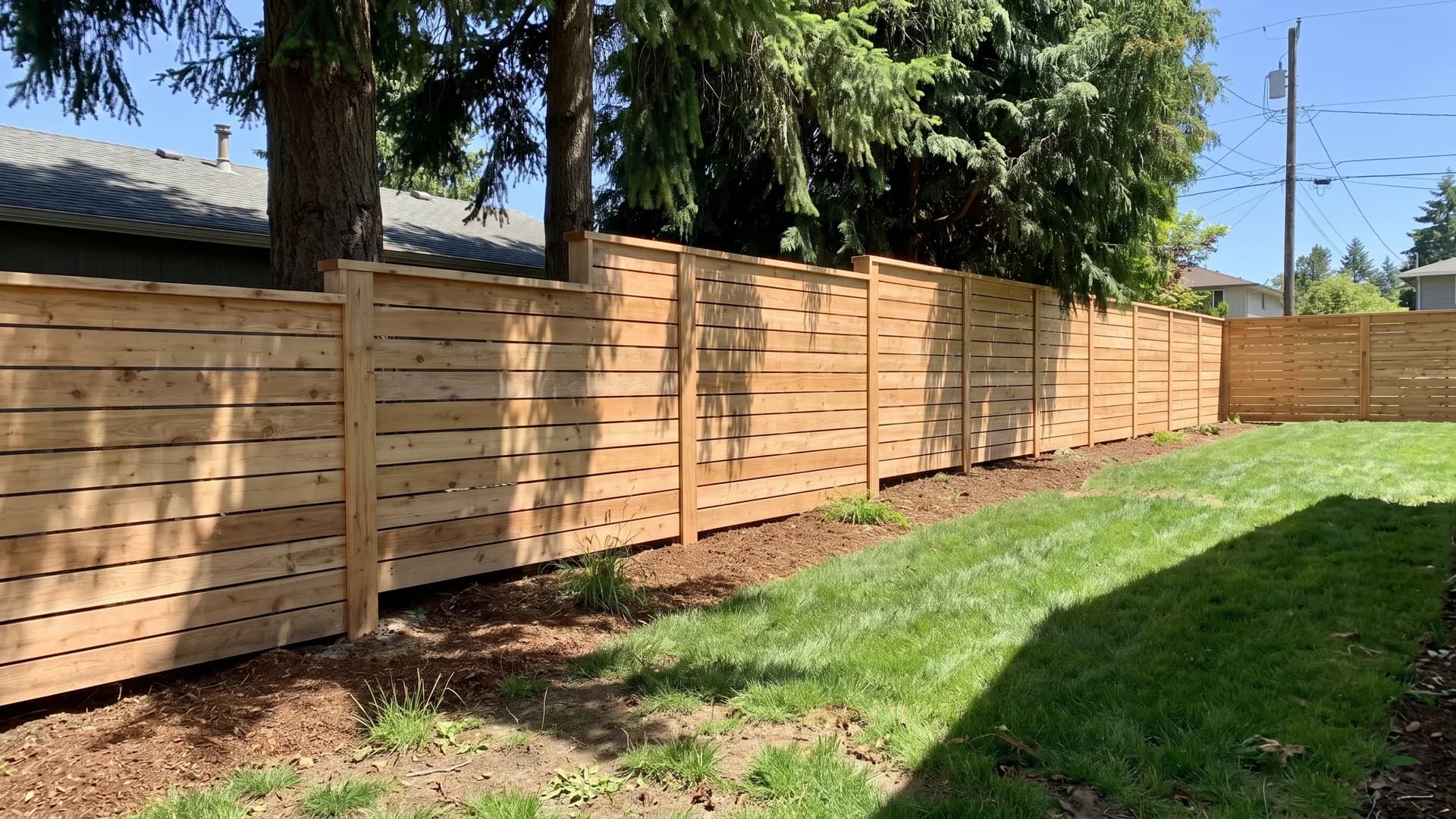 Cedar panels stepping down a sloping green backyard