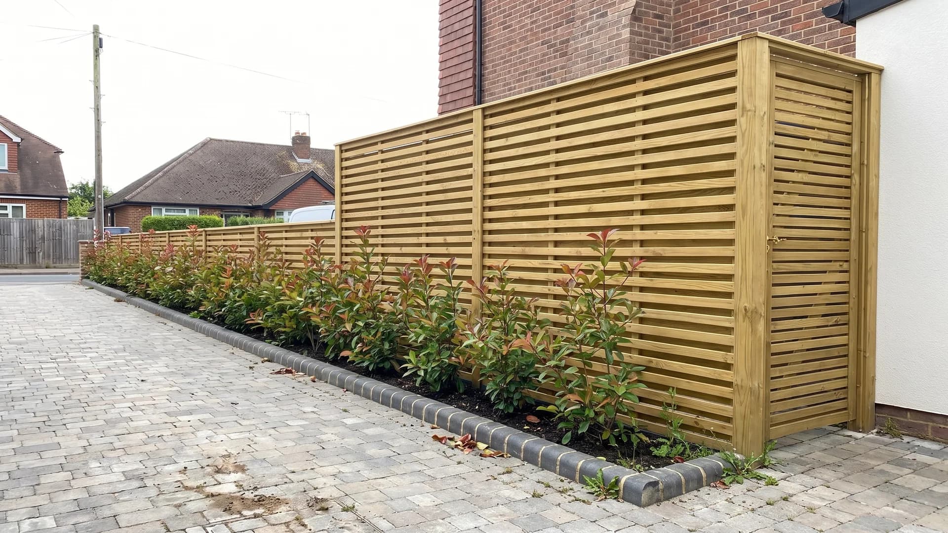 Golden softwood Venetian slat fence at two heights along a block-paved driveway