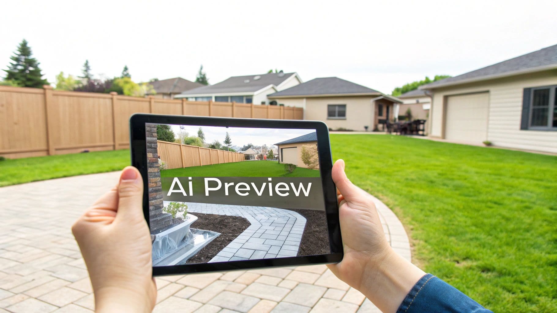 Person holding a tablet displaying an AI preview of a redesigned backyard with a paved path and water feature.