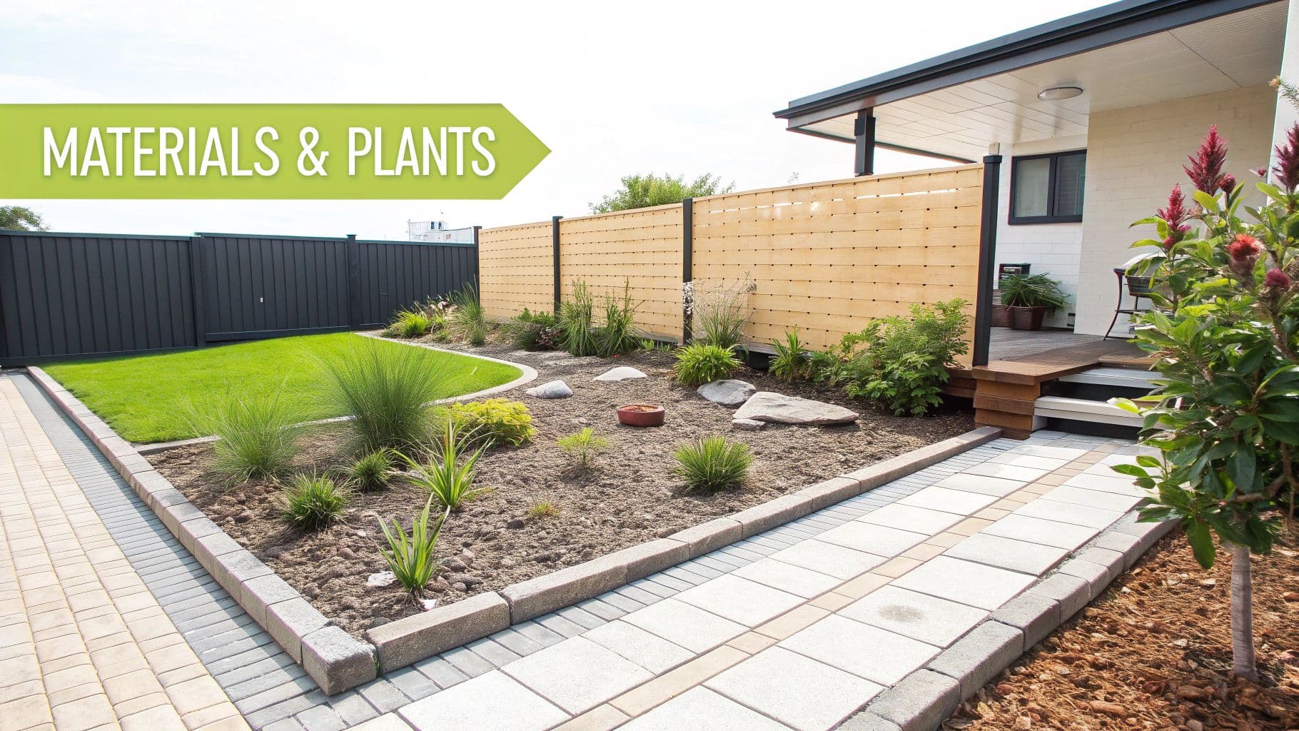 Modern backyard garden featuring paver pathways, lush lawn, various plants, and privacy fences.