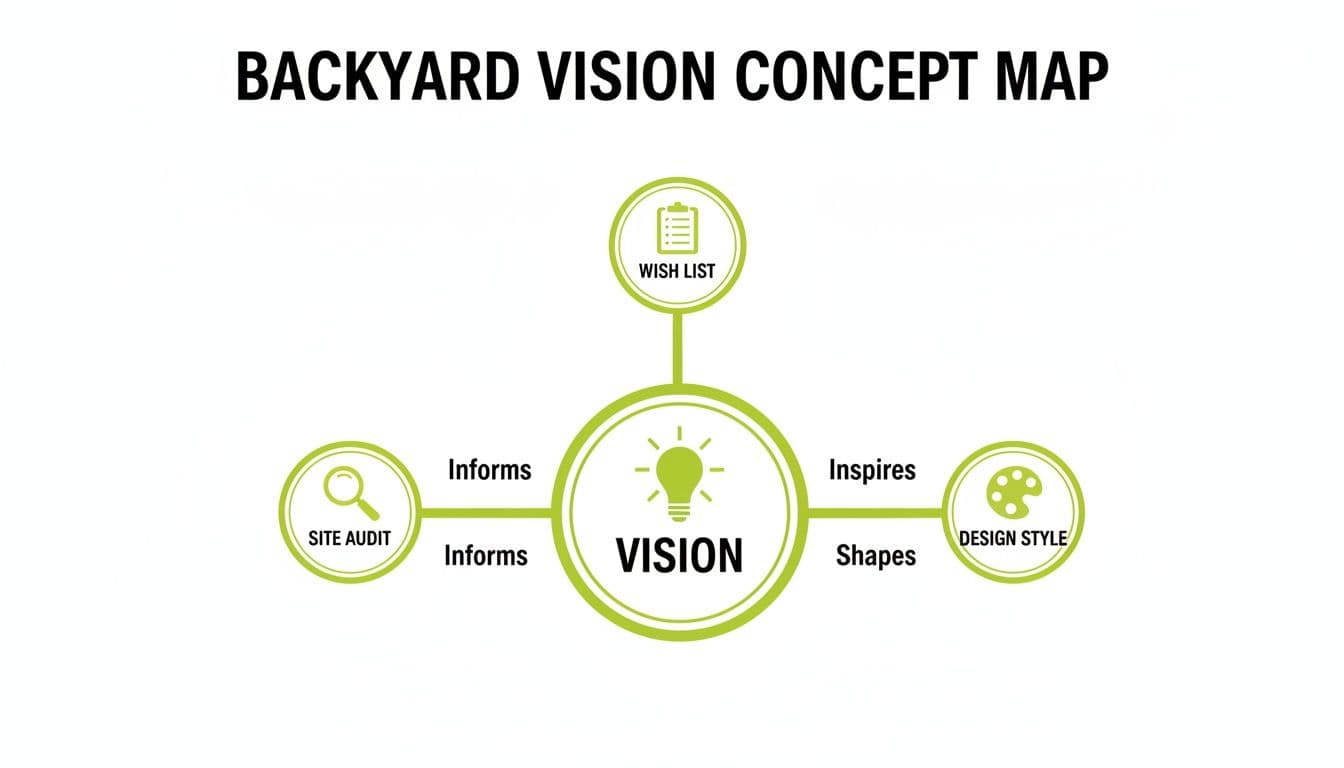 A concept map showing Backyard Vision at the center, informed by a wish list and site audit, and inspiring design style.