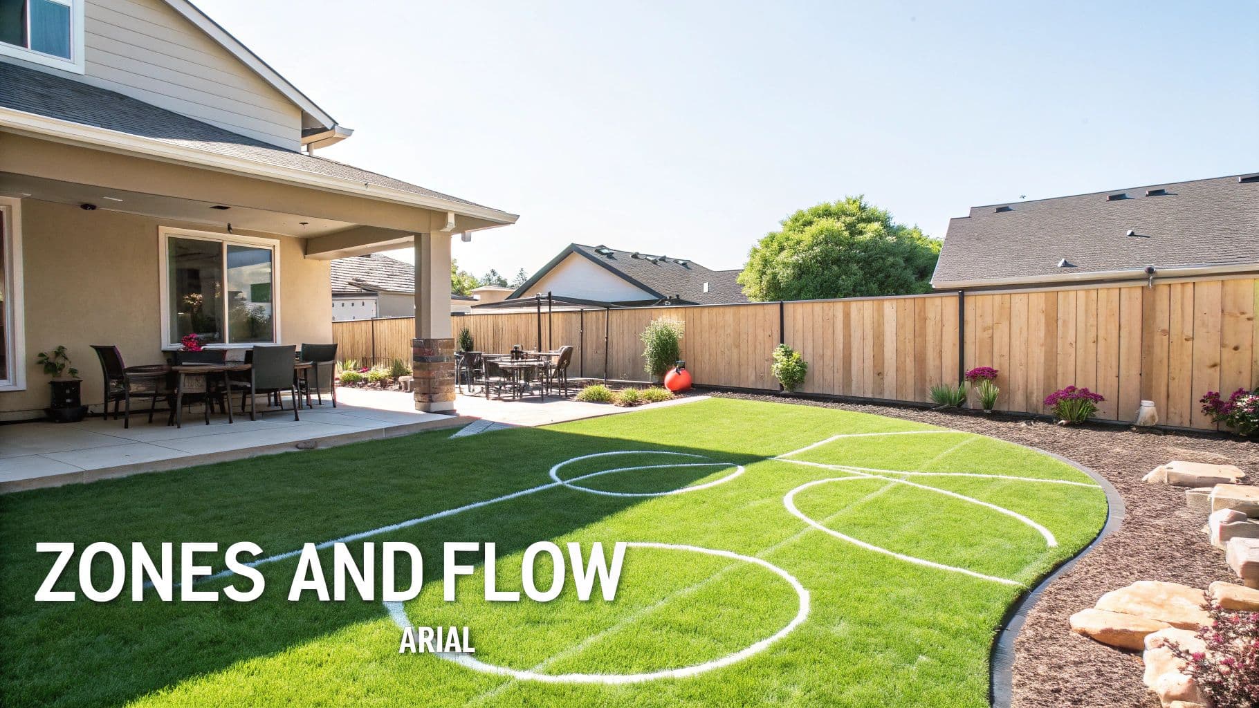 An inviting backyard featuring a covered patio, vibrant green lawn with activity zones, and natural landscaping.