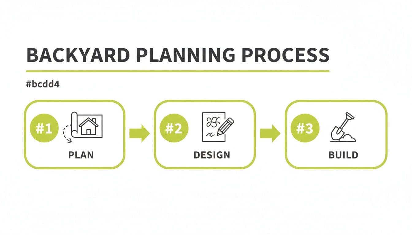 A three-step visual guide for backyard planning: Plan, Design, and Build, with icons.
