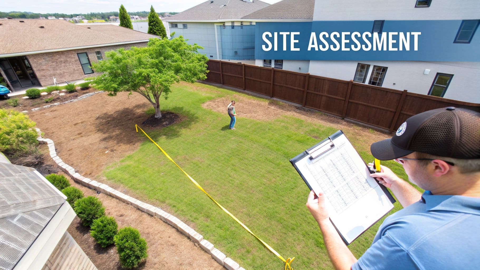 Aerial view of professionals conducting a site assessment in a backyard, measuring the lawn and reviewing plans.
