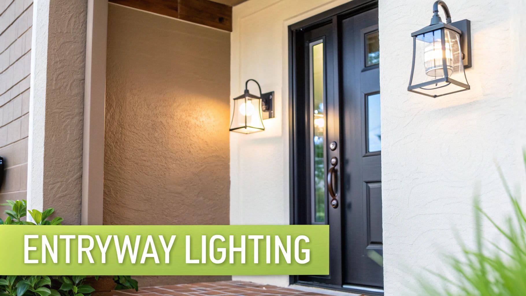 A well-lit home entryway with a dark front door and two stylish wall sconce lights.