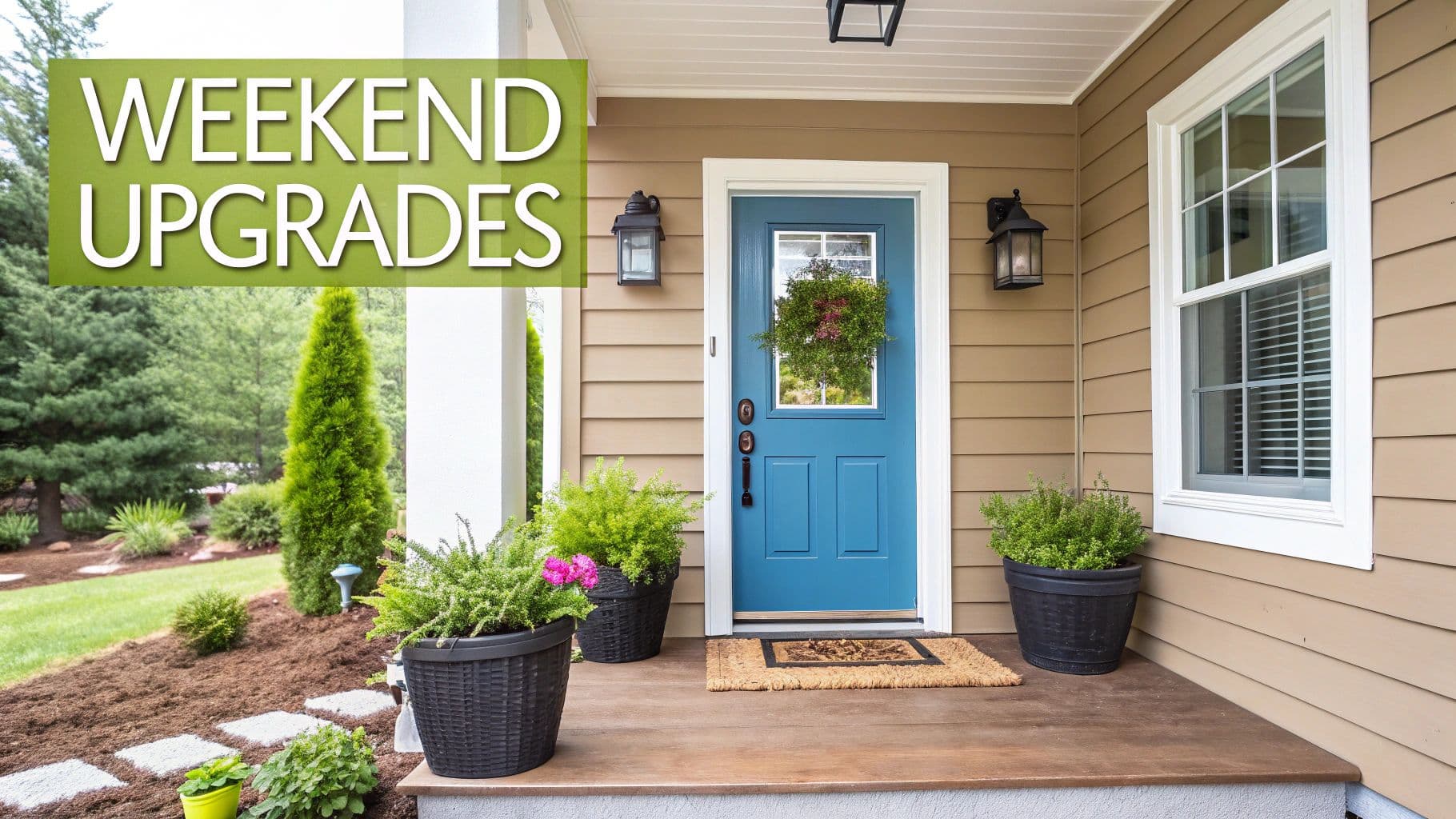 An inviting front porch with a vibrant blue door, potted plants, and tan siding.