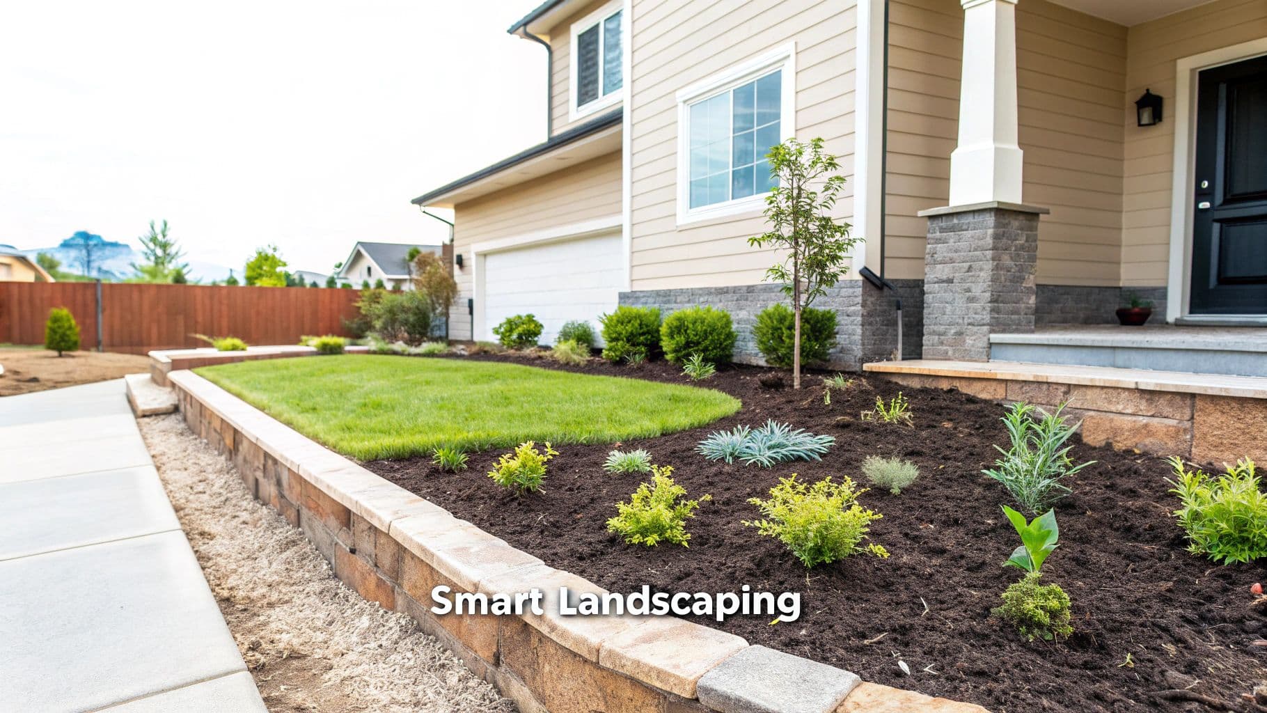 A newly landscaped front yard of a modern house featuring a retaining wall, green lawn, and various plants.