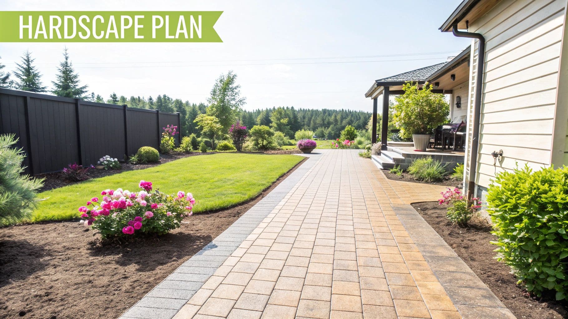 A long, multi-toned paver walkway leads to a house, bordered by a green lawn and garden beds.