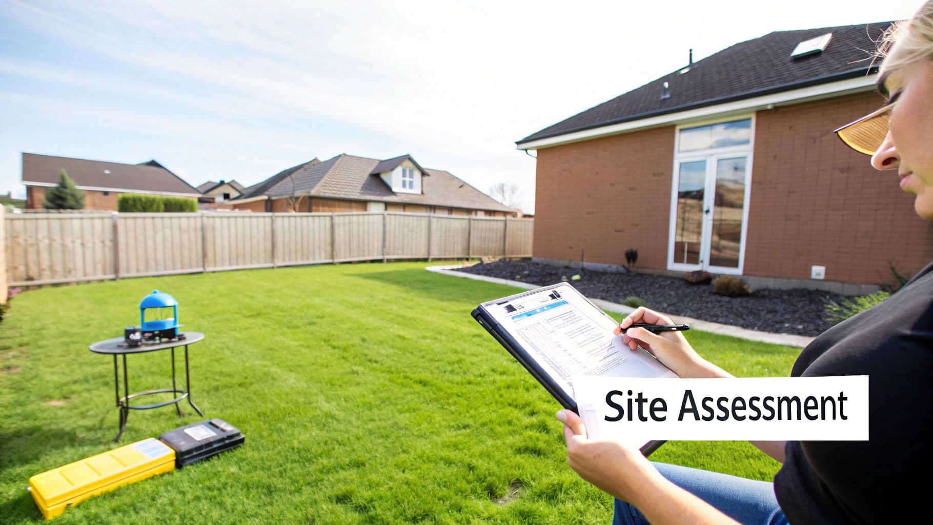 Woman conducting a site assessment in a suburban backyard, writing notes on a clipboard with a testing equipment nearby.