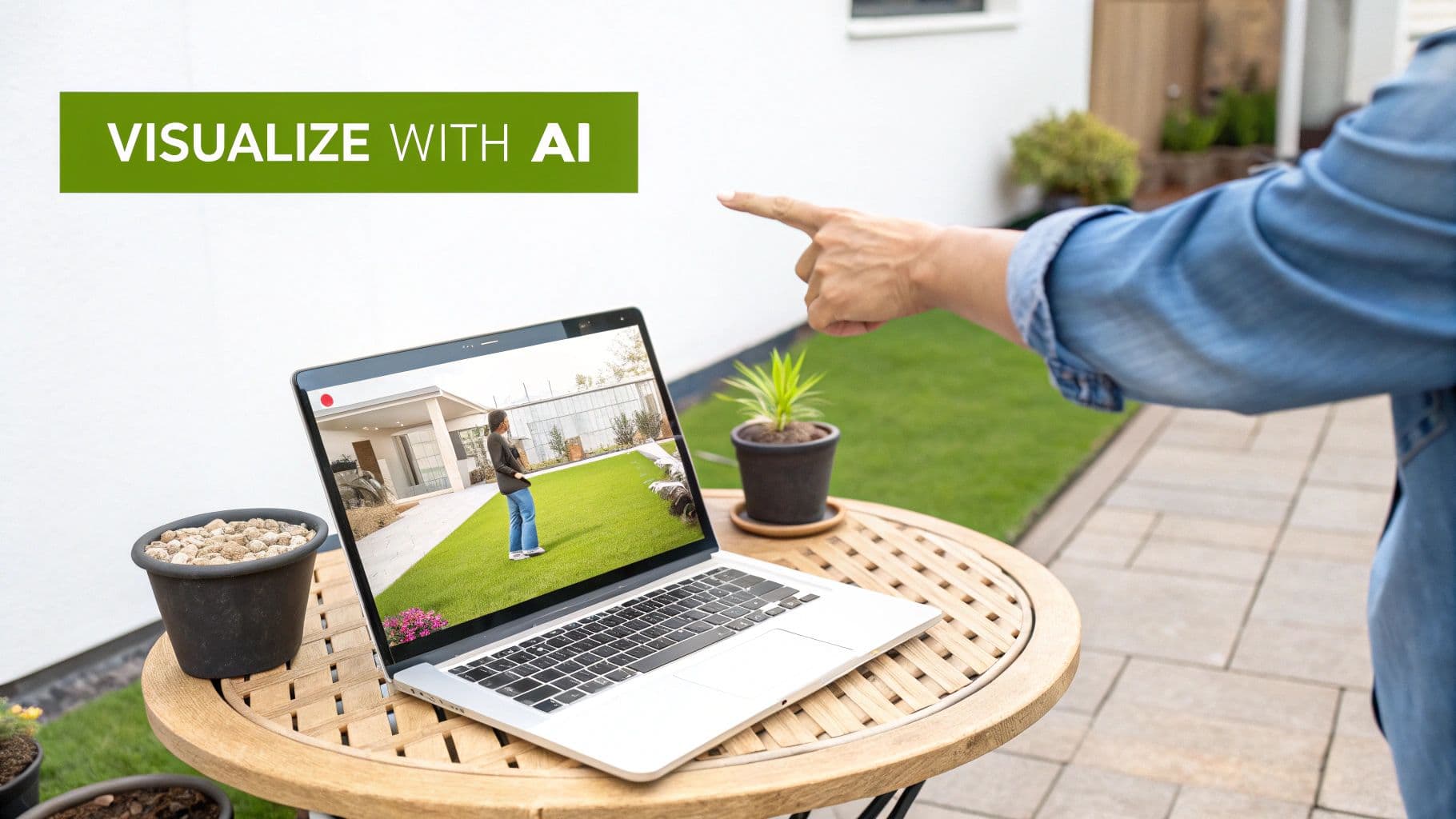 A person points while a laptop displays AI visualization of a backyard landscape design next to potted plants.