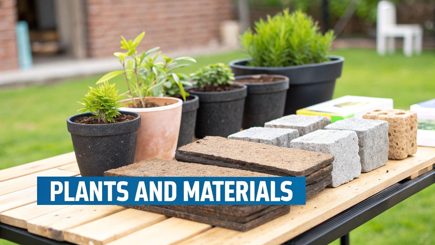 An outdoor display of potted green plants and various construction materials on a wooden table.