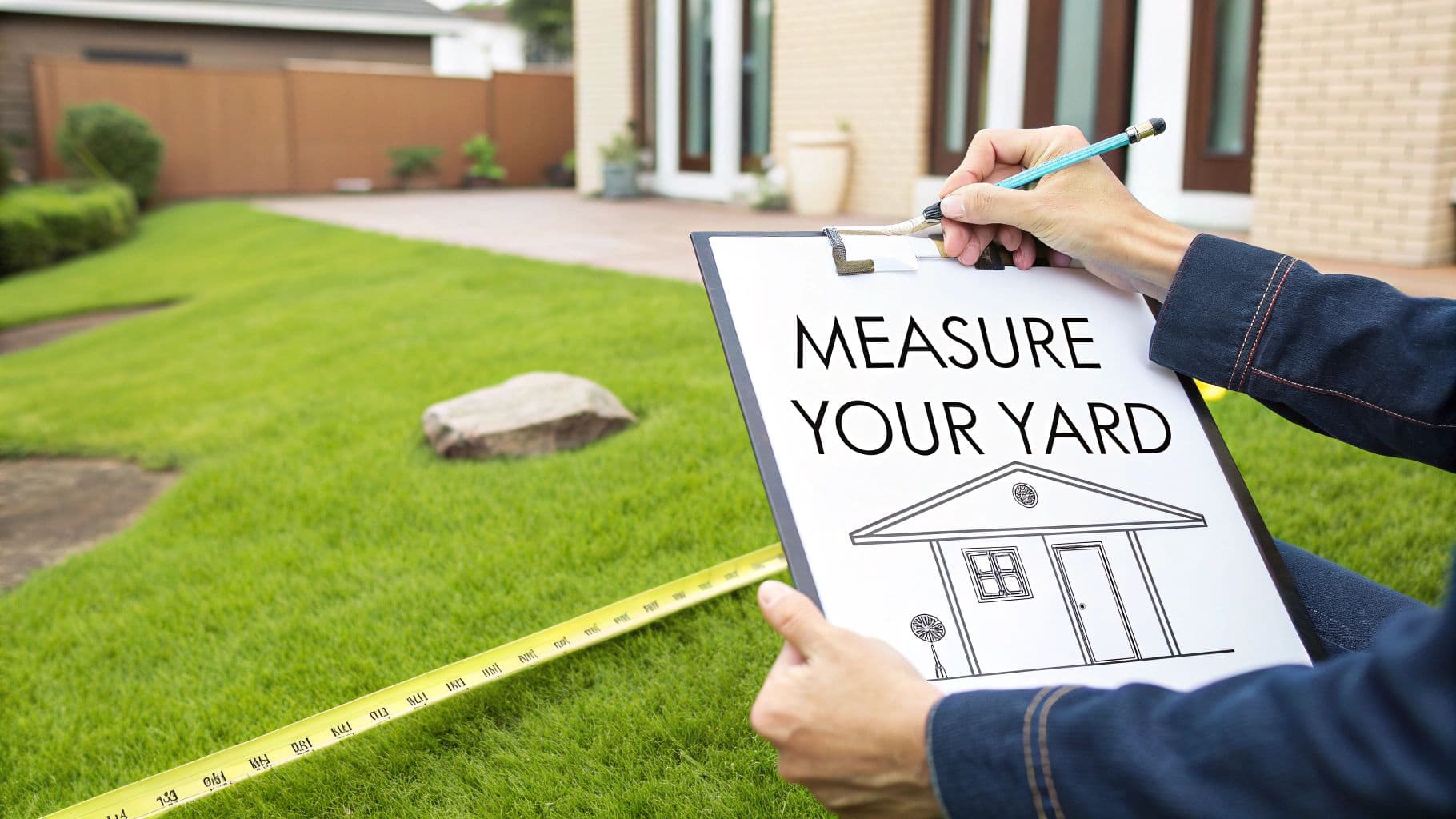 Person measuring their yard with a tape, holding a clipboard with "Measure Your Yard" and a house drawing.