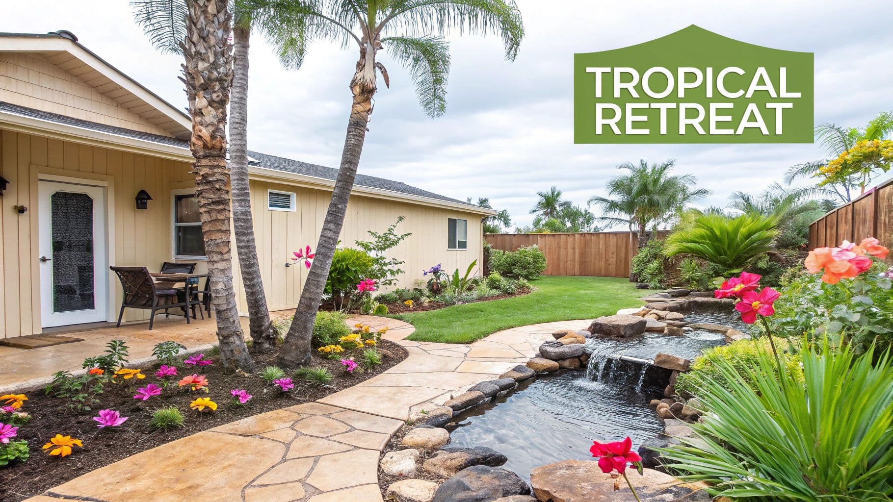 A tropical backyard with a light-colored house, patio, palm trees, stone path, waterfall pond, and vibrant flowers.