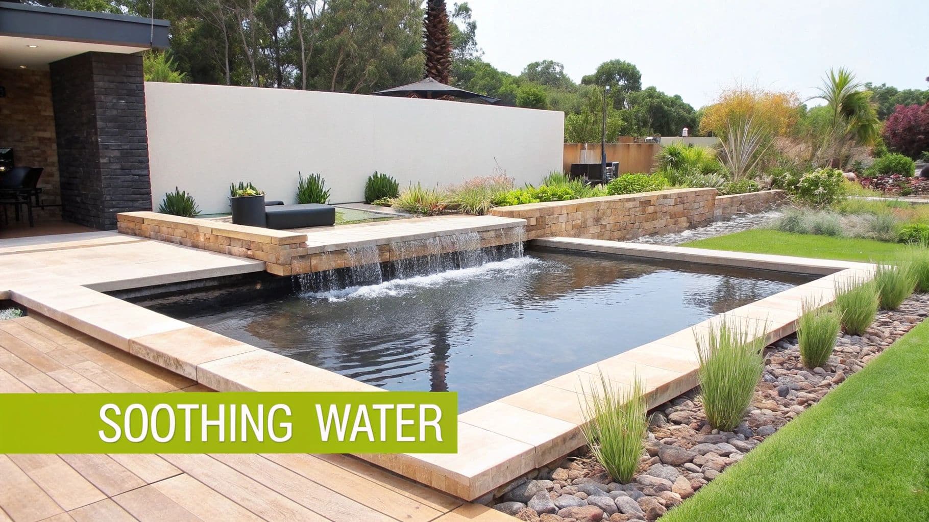 A contemporary outdoor space with a flowing waterfall into a rectangular pool, stone walls, and lush plants.