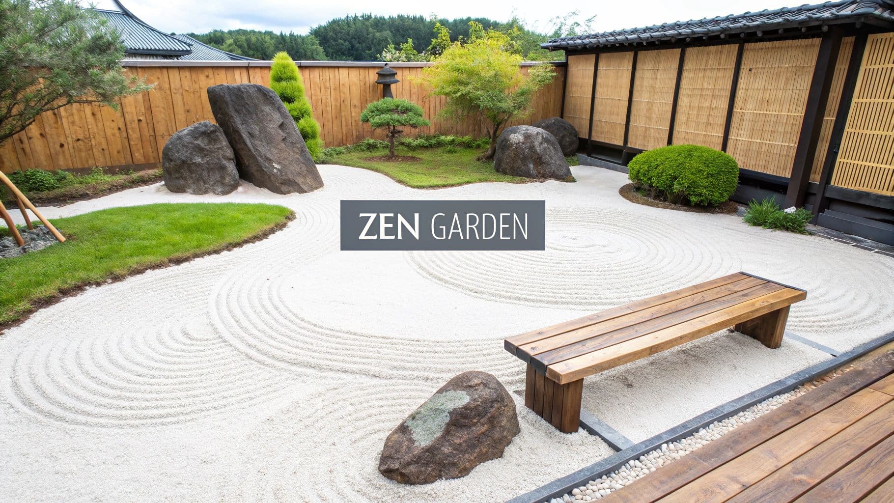 A serene Zen garden with raked white sand, various rocks, lush green patches, and a wooden bench.