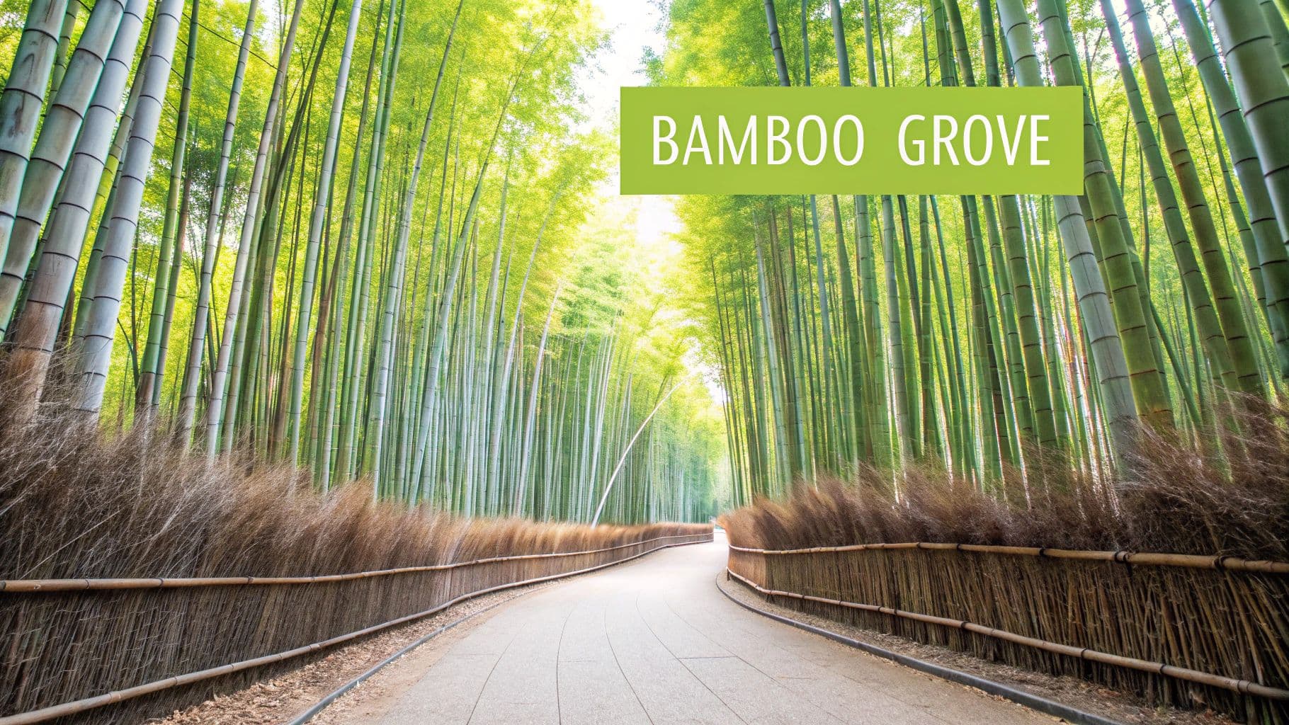 A serene path winds through a tall, vibrant green bamboo grove with natural fences.