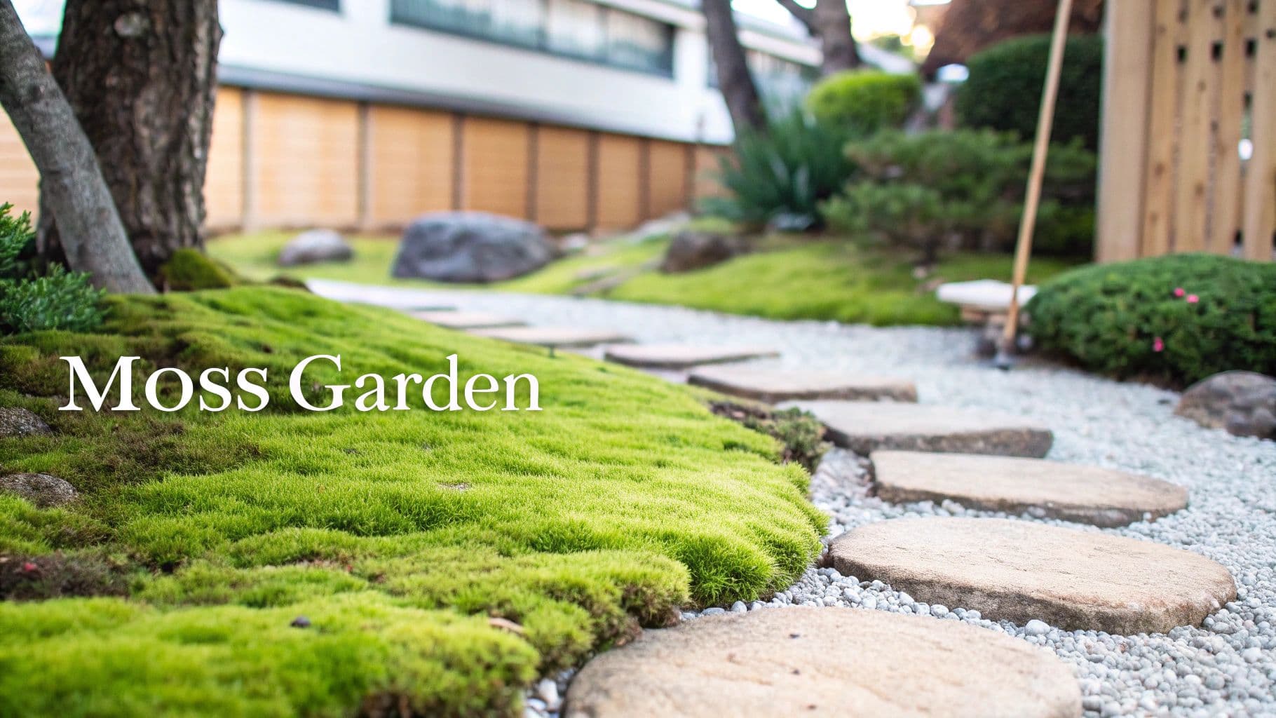 Serene Japanese moss garden featuring a path of natural stepping stones surrounded by lush green moss.