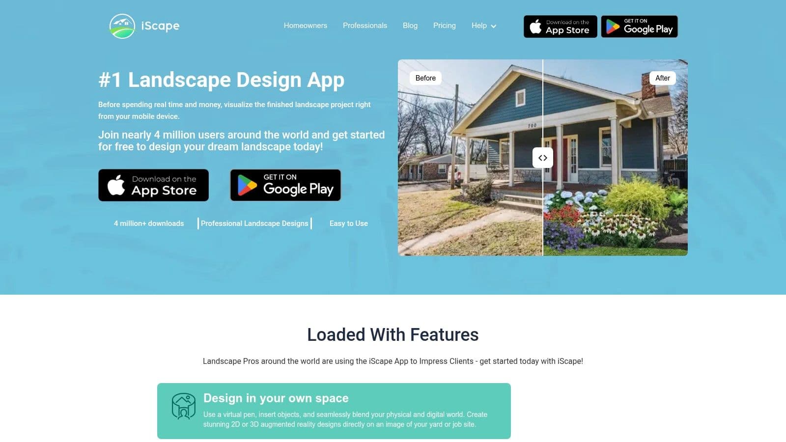 iScape landscape design app showing a before and after view of a backyard project