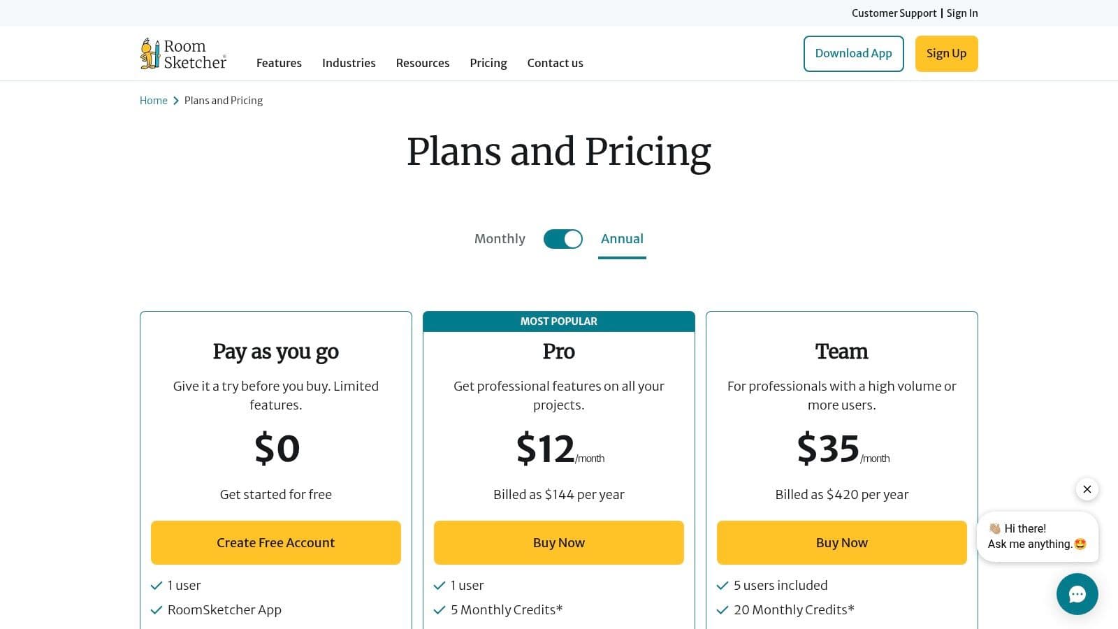 RoomSketcher's pricing page showing free and paid plan options