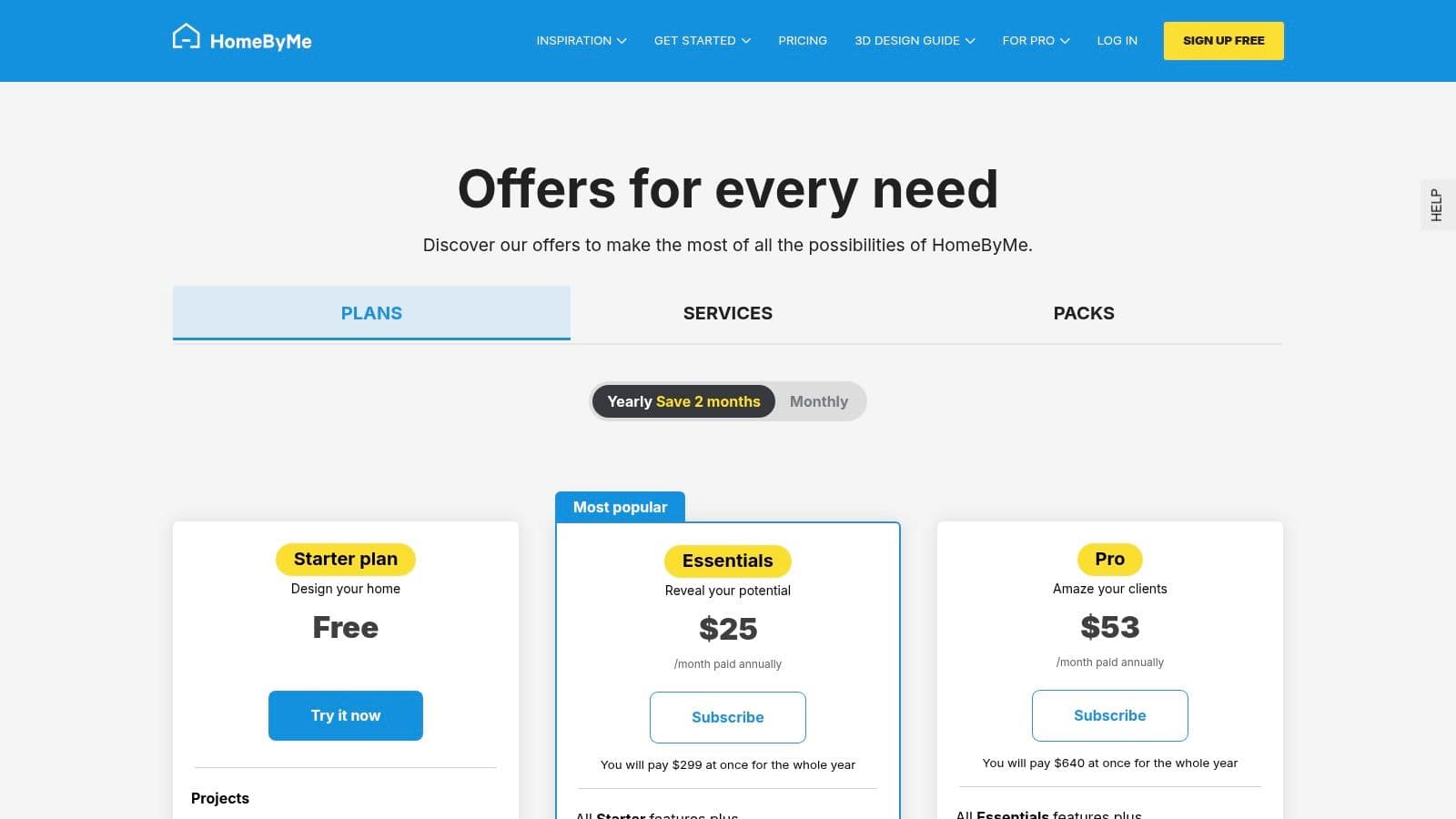 HomeByMe landscape design app free pricing page
