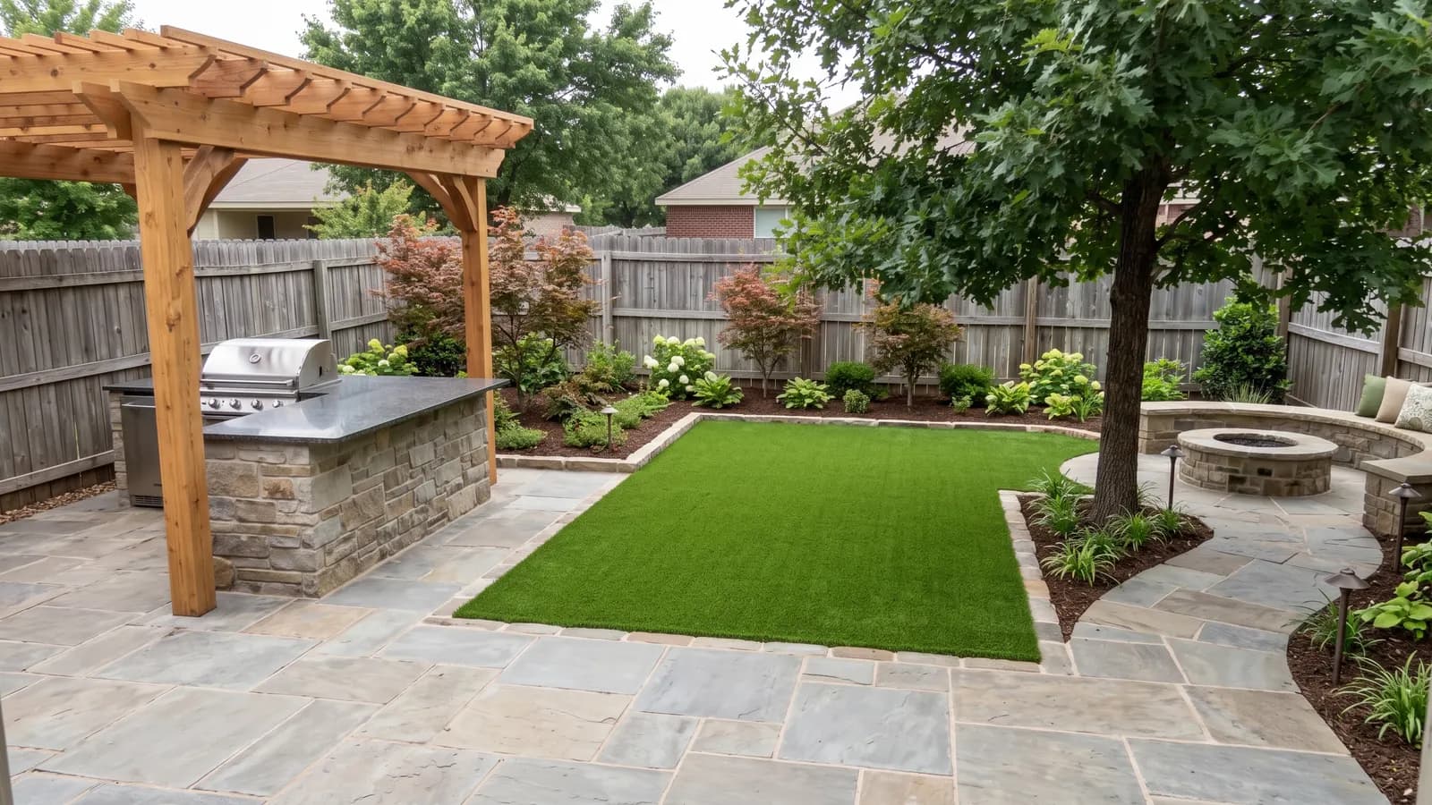 AI concept of the same backyard as a full remodel with a stone patio, a cedar pergola over an outdoor kitchen, a fire pit with a seat wall and a small artificial lawn