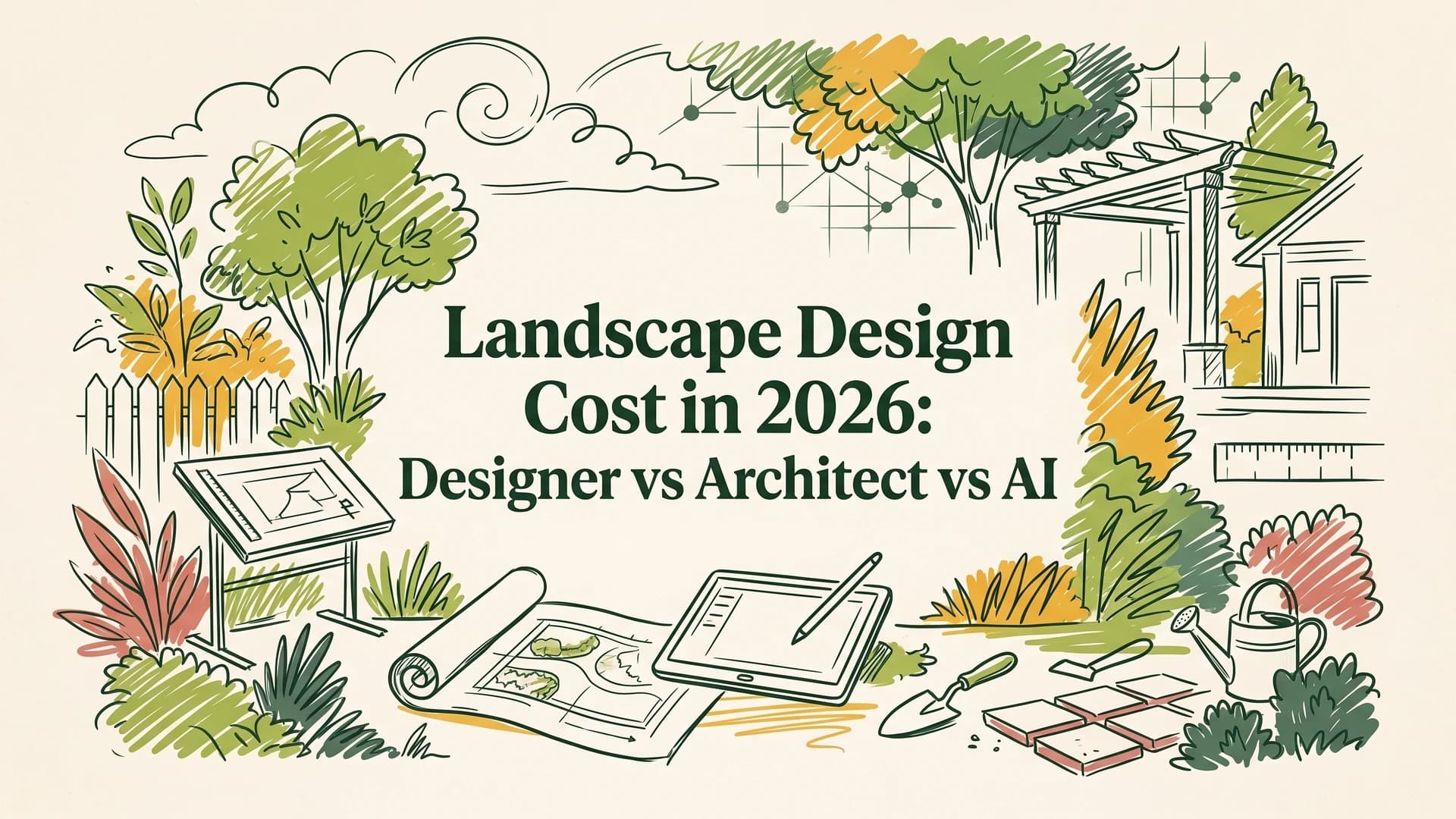 Landscape design cost illustration with garden sketches, a drafting table, a rolled yard plan, a tablet and a pergola