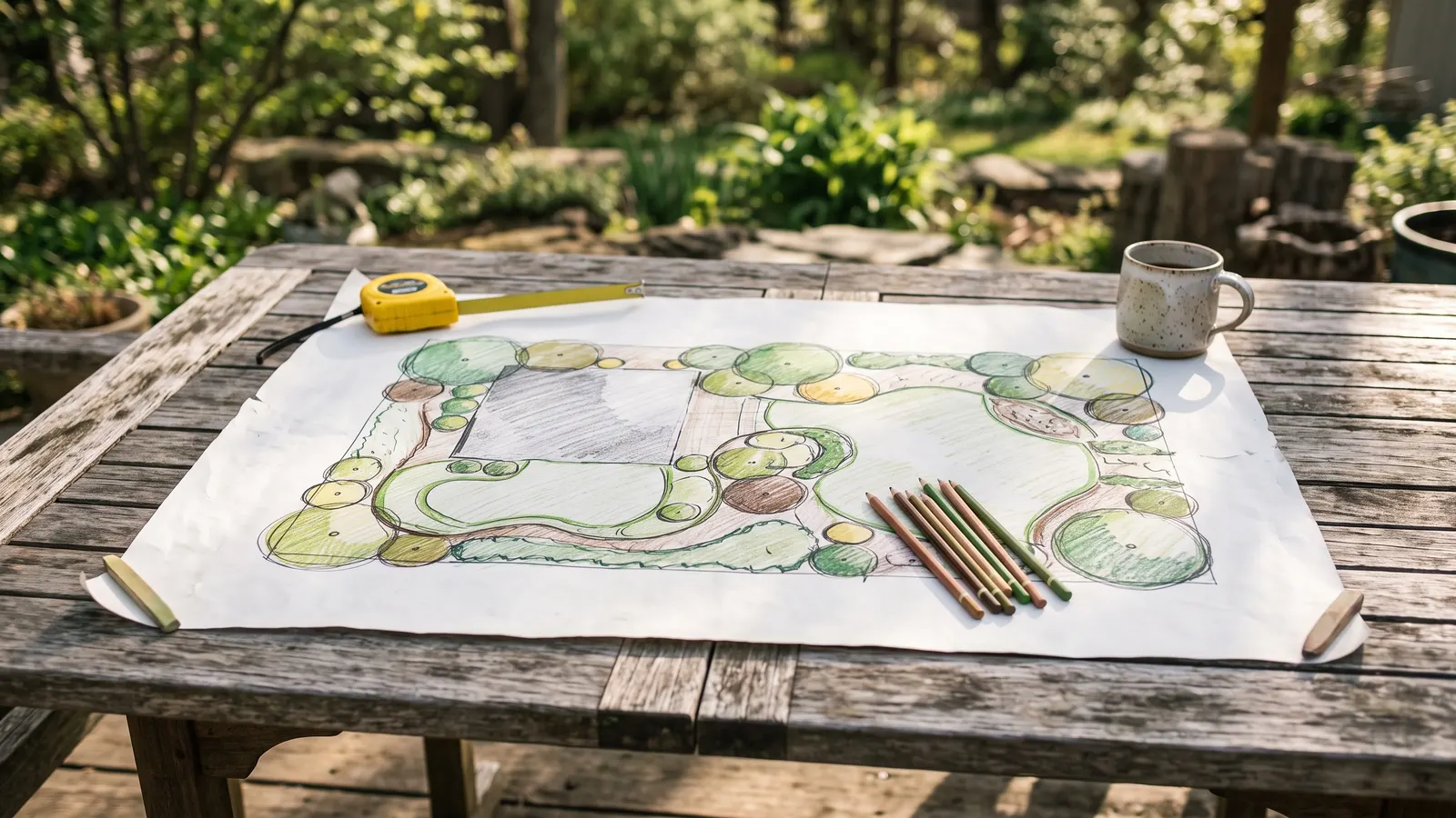 A hand-drawn backyard site plan with colored circles for trees and shrubs spread on a wooden patio table with a tape measure and pencils