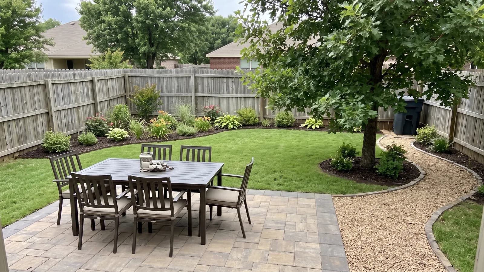 AI concept of the same backyard with a mid-budget makeover: a paver patio with a dining set, a gravel path to the oak tree and new planting beds along the fence