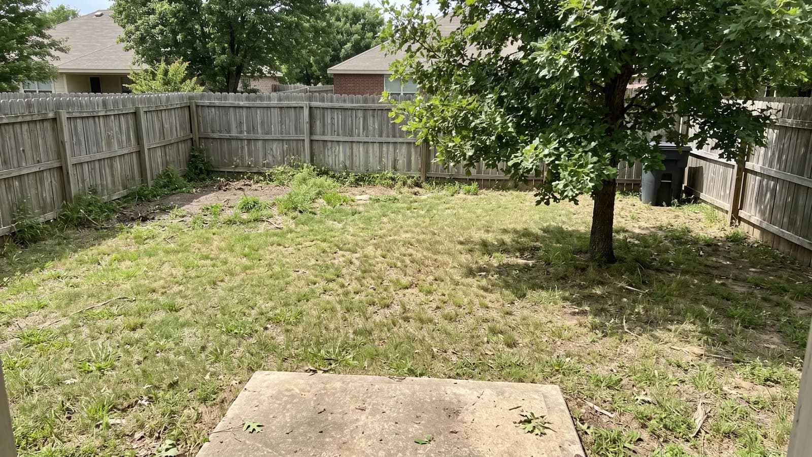Landscape design cost starts with a yard like this: a plain suburban backyard with patchy lawn, a wooden privacy fence, one oak tree and a small concrete stoop