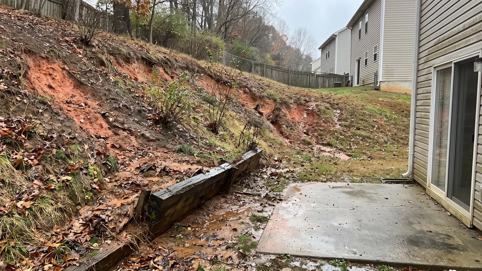 A steep suburban backyard slope with eroded red clay, rain rivulets and a leaning timber wall above a small muddy patio