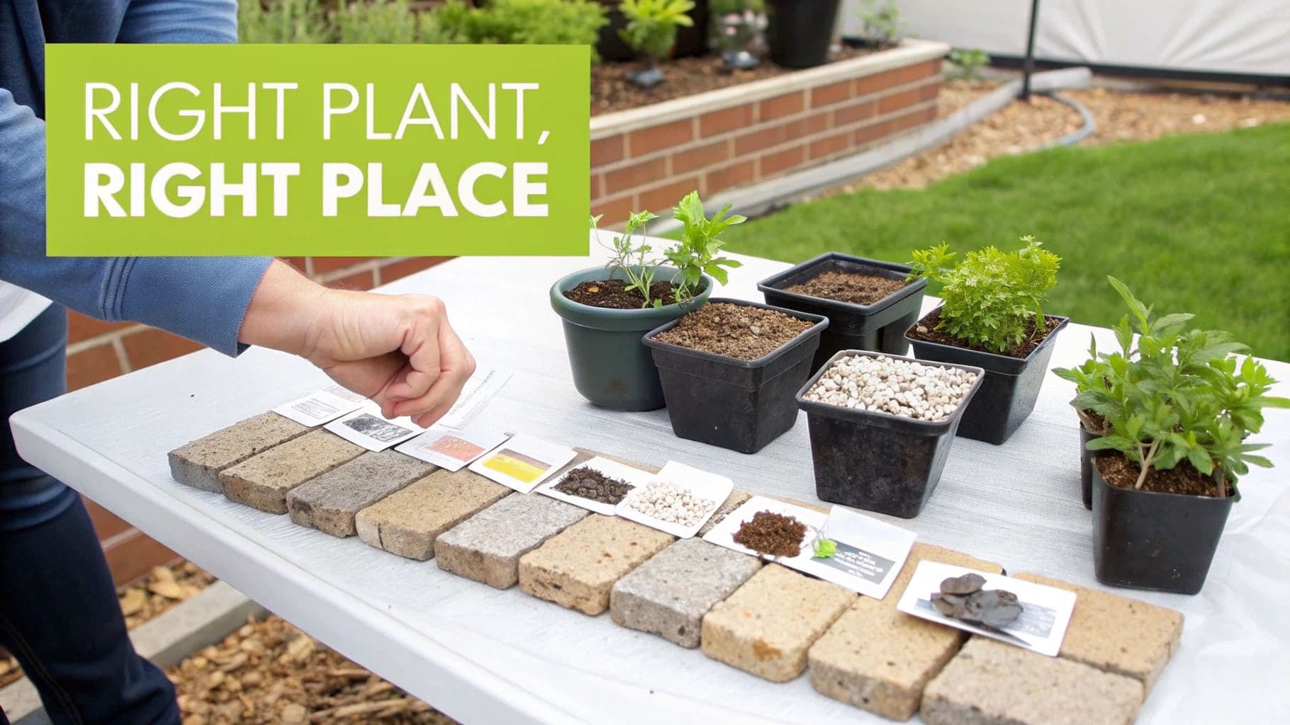 Hands choosing various soil and plant samples on a table for garden landscape design.