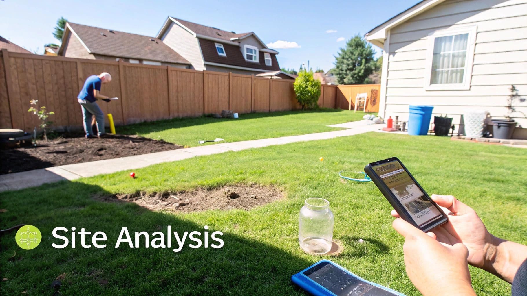 Man working in a backyard garden bed while hands hold a smartphone, with a 'Site Analysis' overlay.