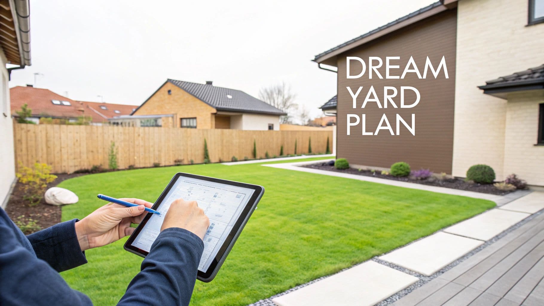 A person uses a tablet with a stylus to plan a dream yard with a neat green lawn.